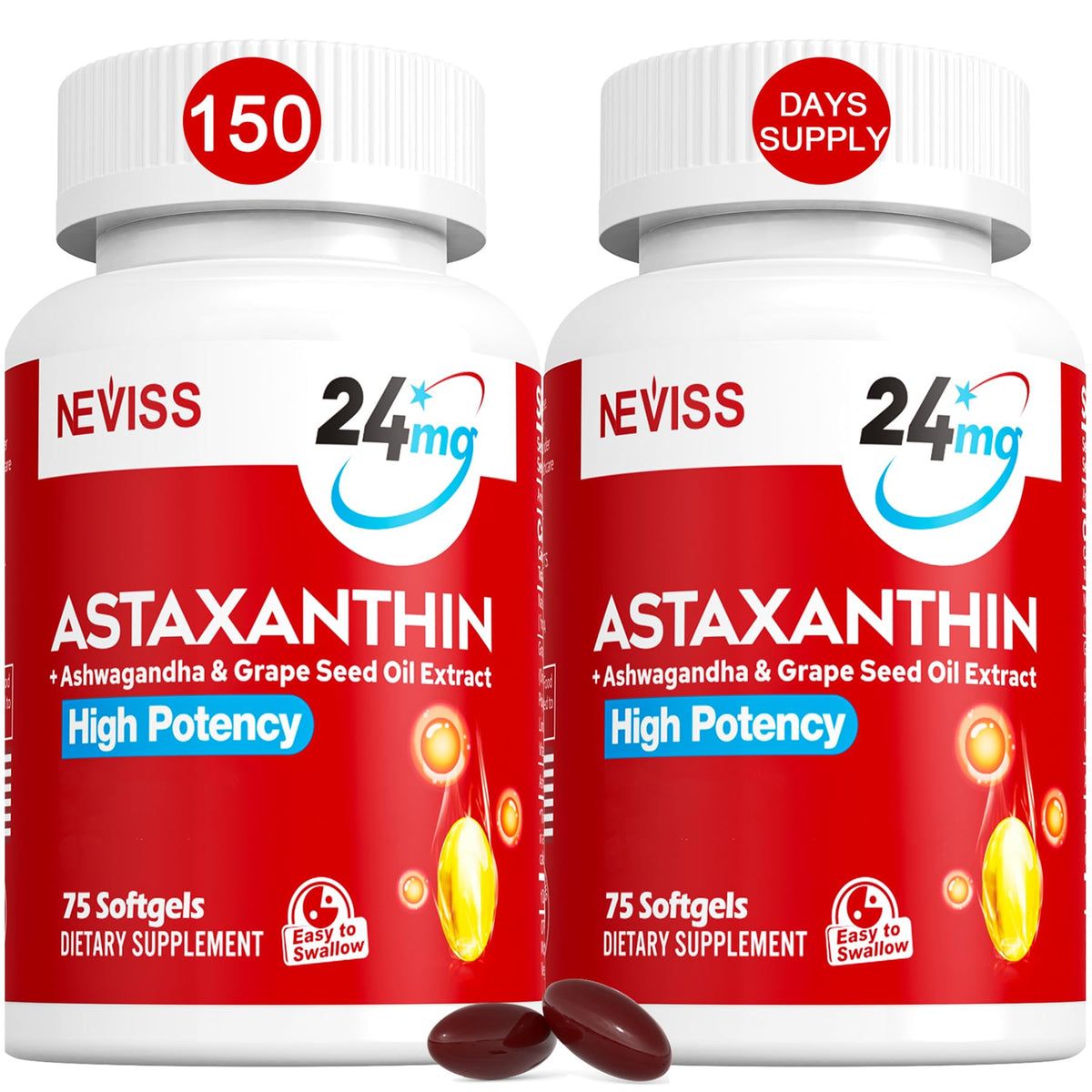 NEVISS envase frontal de astaxanthin 24 mg, presentación clara y beneficios antioxidantes