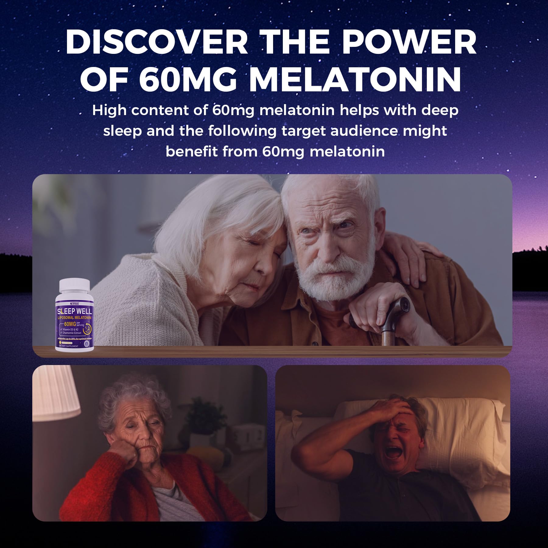 NEVISS softgels sobre mesita de noche sugiriendo uso nocturno relajante
