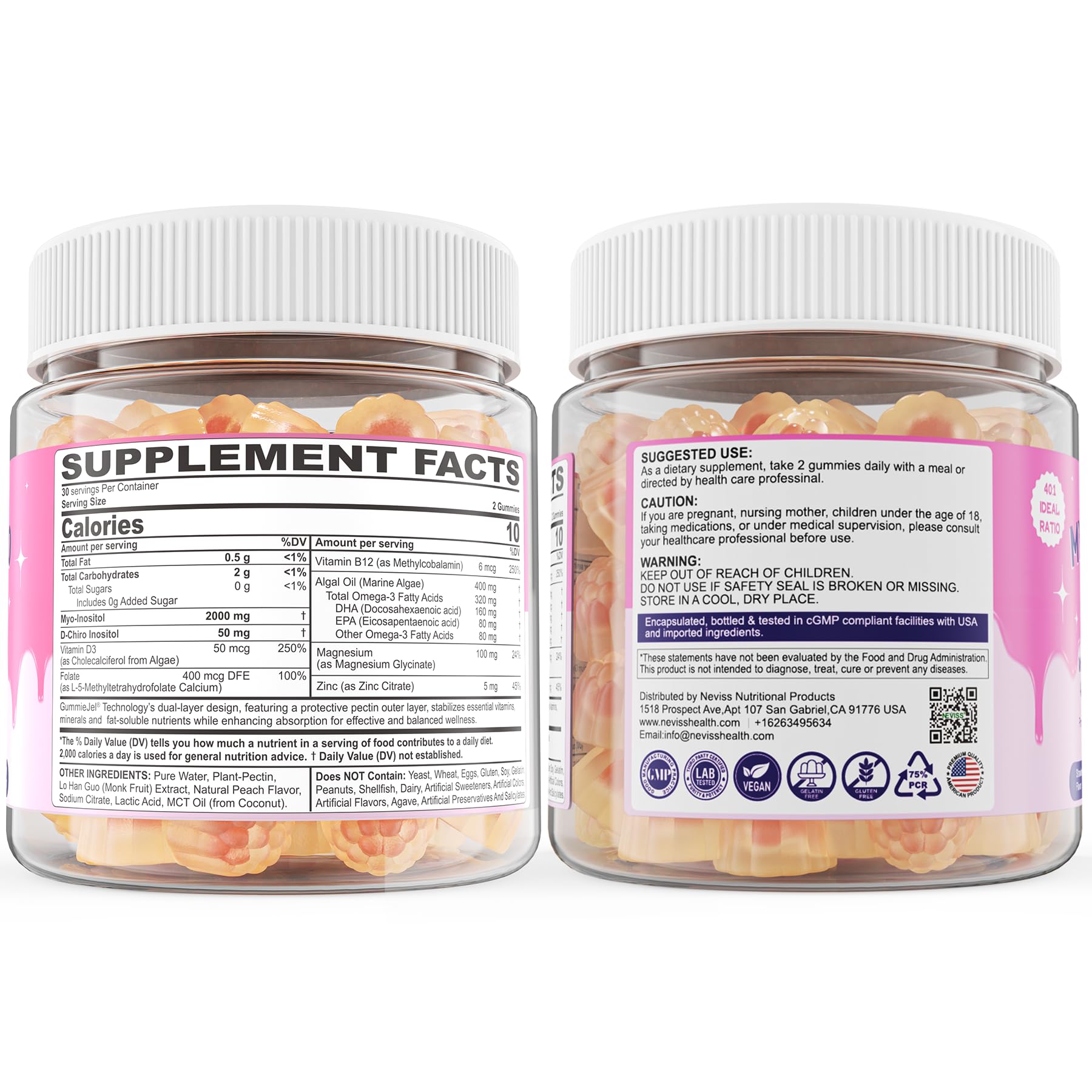 NEVISS lista de ingredientes mostrando folato MTHF y omega‑3