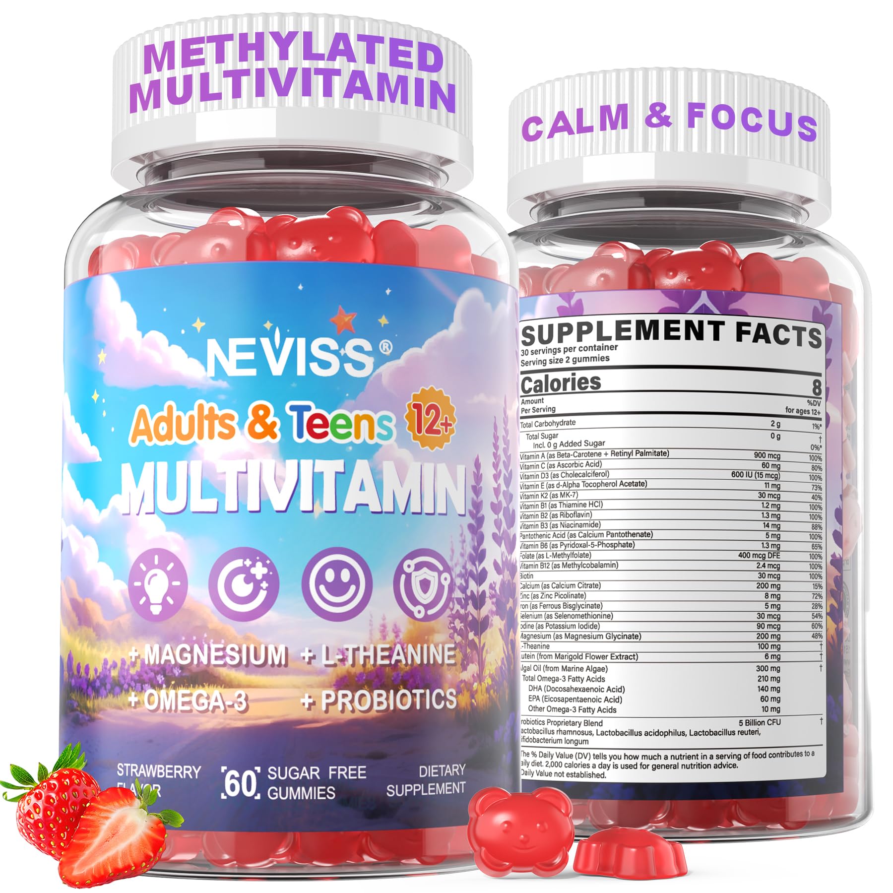 NEVISS frontal del envase de Teen Vitamins mostrando ingredientes y beneficio multivitamínico