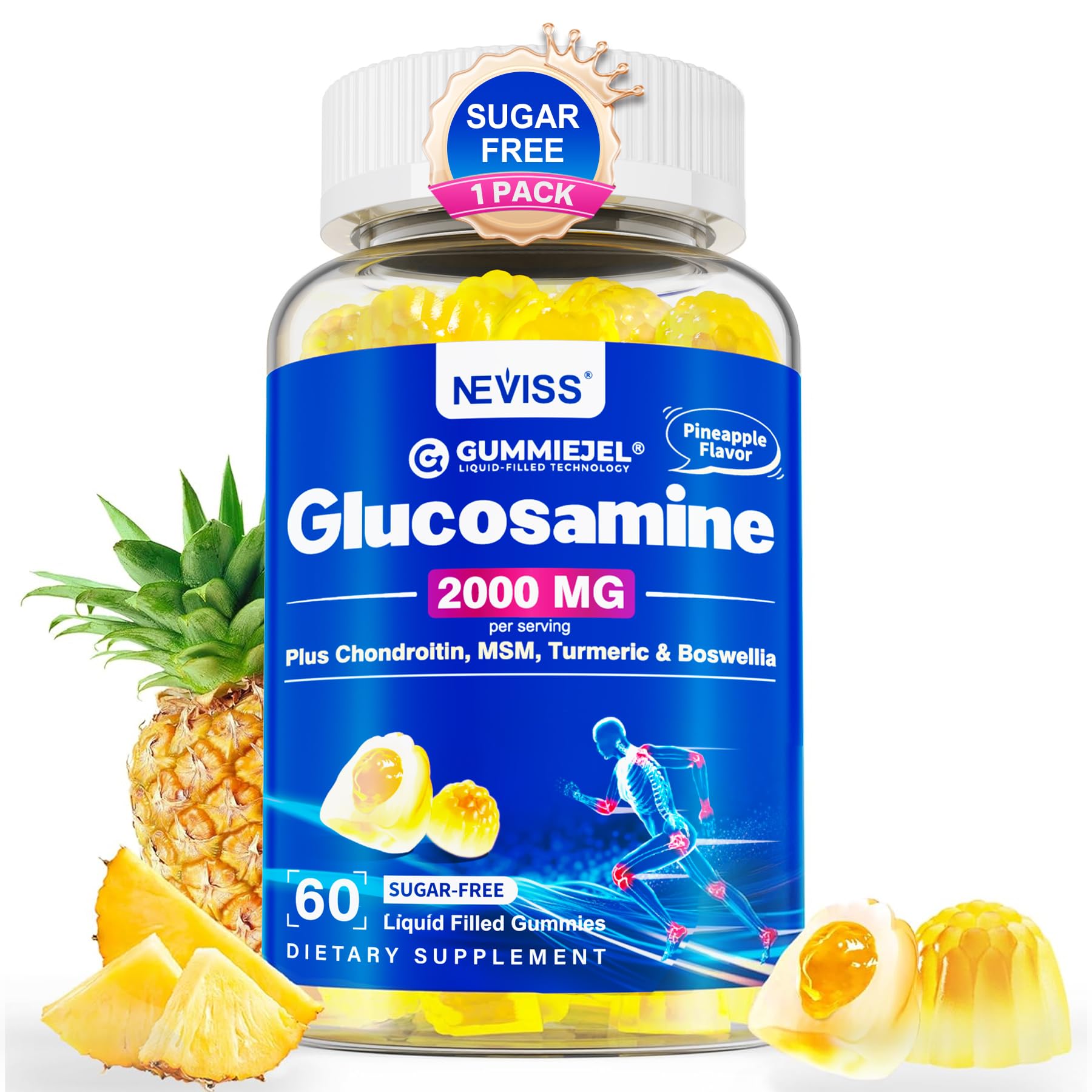 NEVISS envase frontal mostrando 60 gomitas y beneficios claros