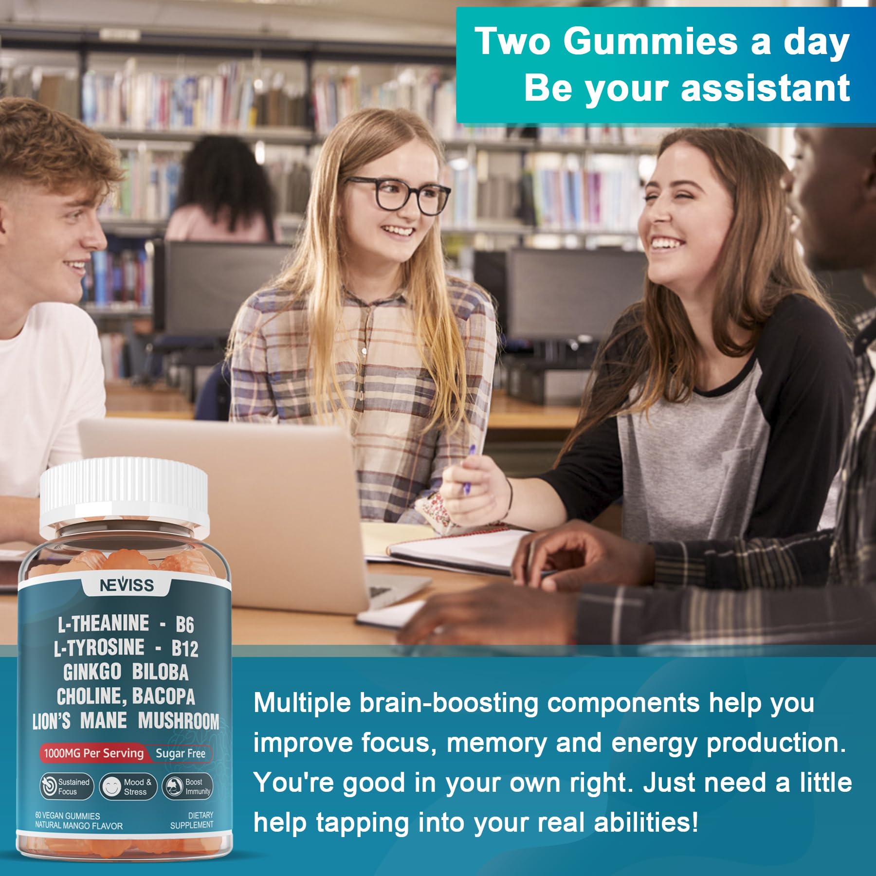 NEVISS gomitas en escritorio junto a cuaderno para mejorar productividad