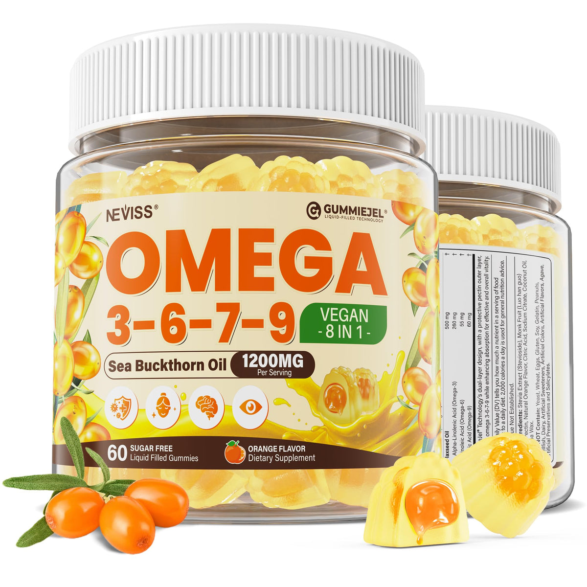 NEVISS frasco frontal de gomitas omega 3-6-7-9 mostrando diseño y cantidad