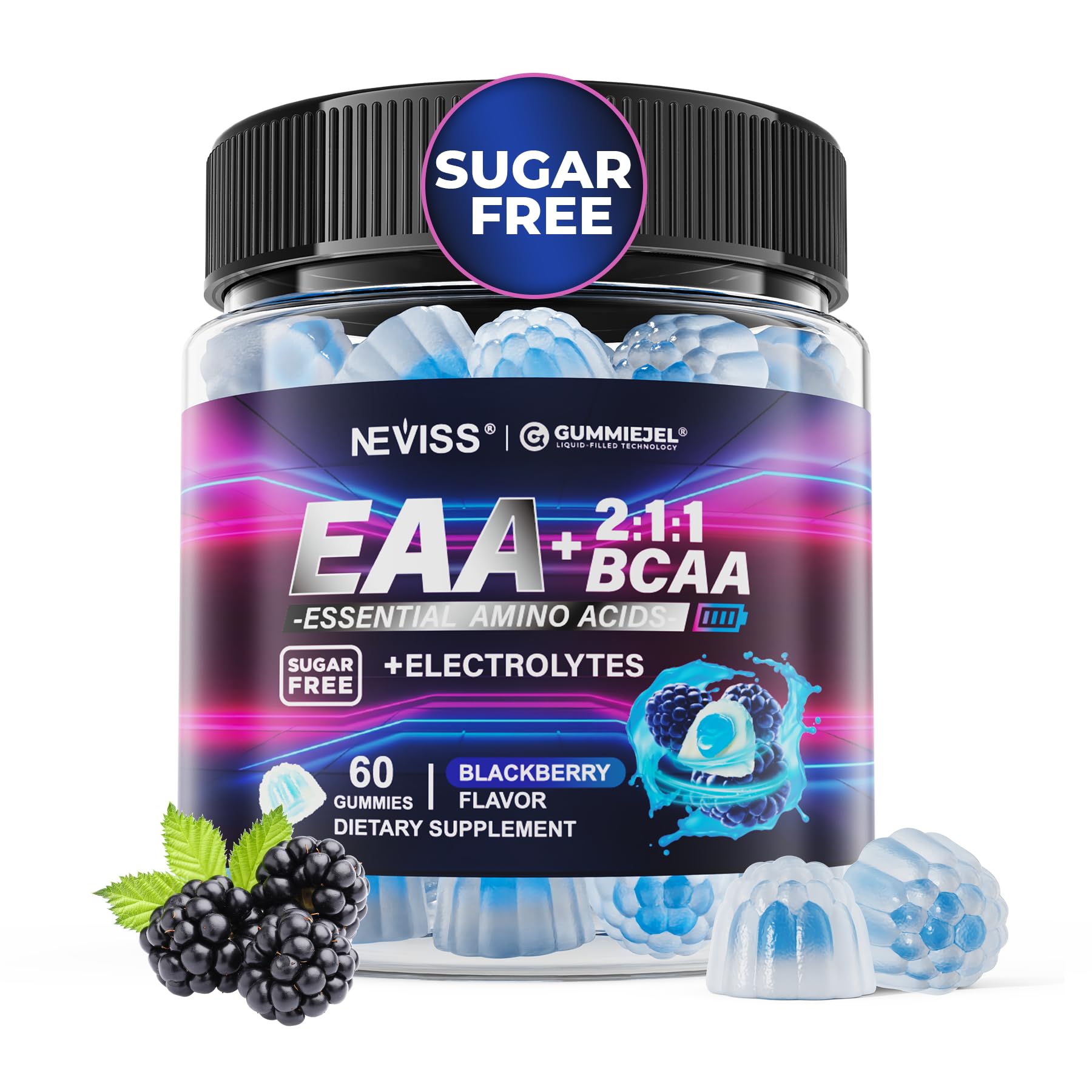 NEVISS frasco frontal de EAA Gummies mostrando etiqueta y frasco práctico