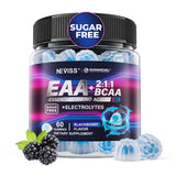 NEVISS frasco frontal de EAA Gummies mostrando etiqueta y frasco práctico