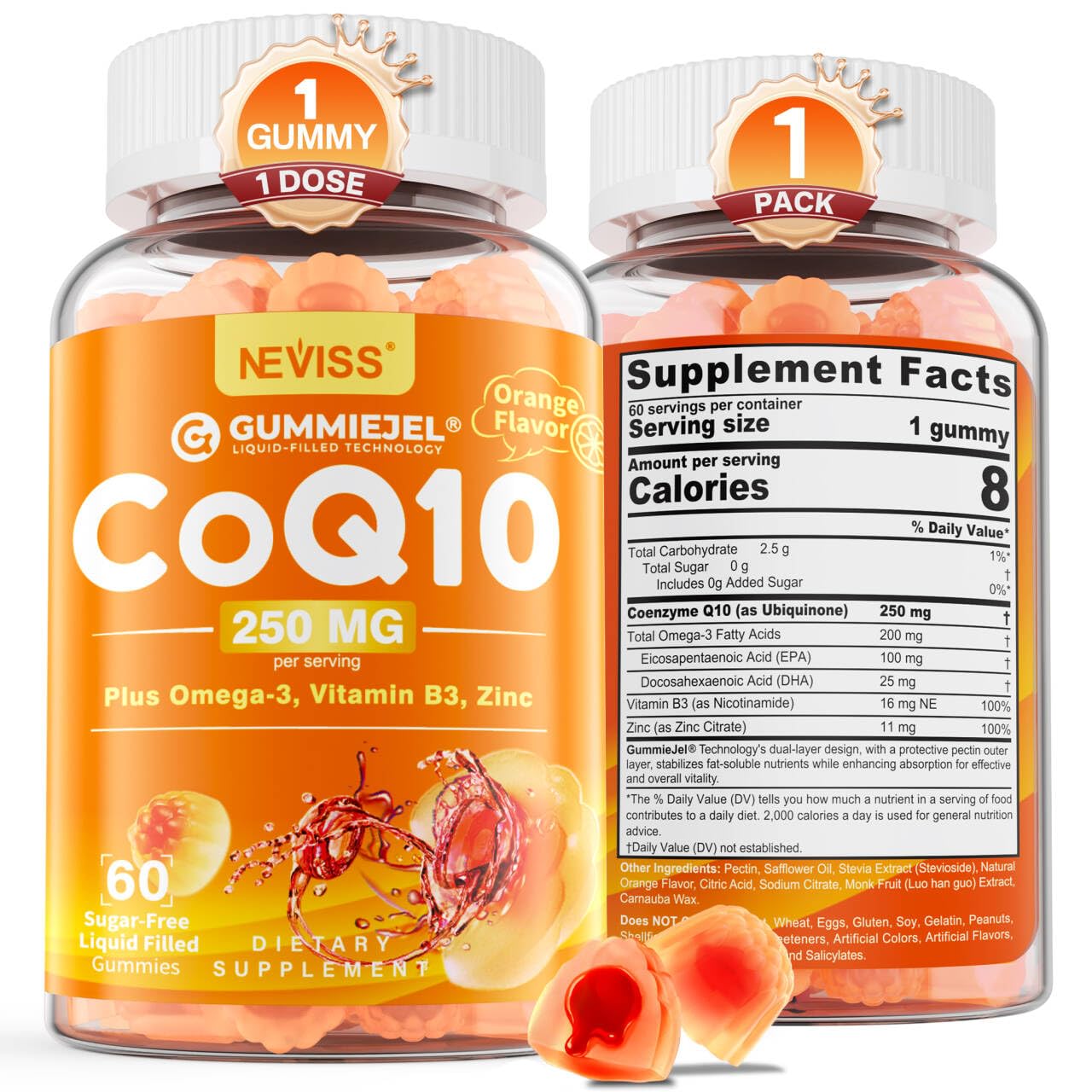 NEVISS frasco frontal de gomitas CoQ10 250 mg, presentación clara y beneficio de dosificación