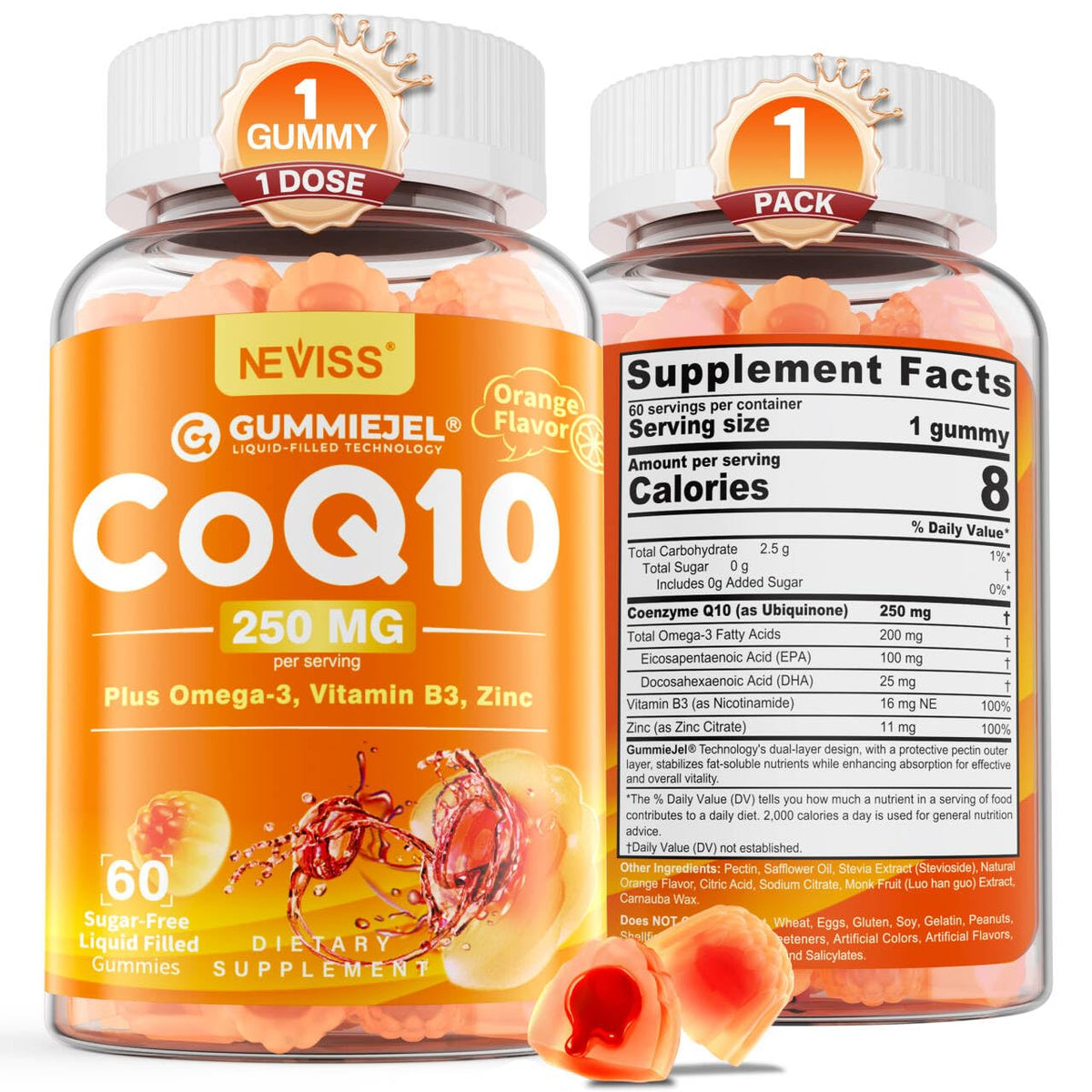 NEVISS frasco frontal de gomitas CoQ10 250 mg, presentación clara y beneficio de dosificación