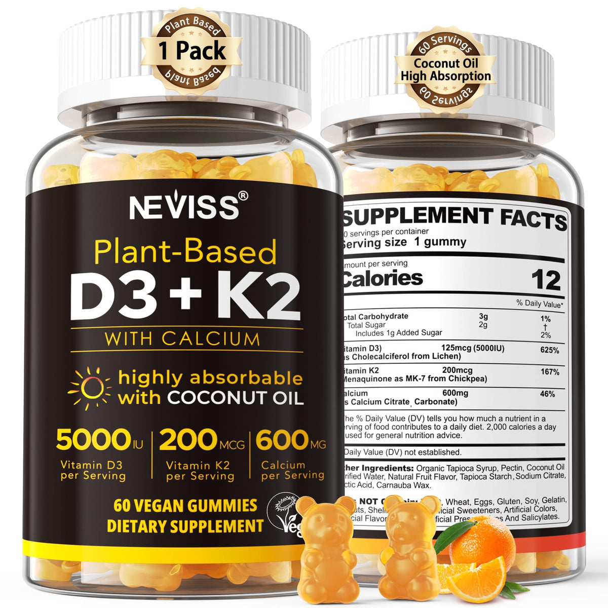 NEVISS frasco frontal de gomitas D3 K2 con información clara