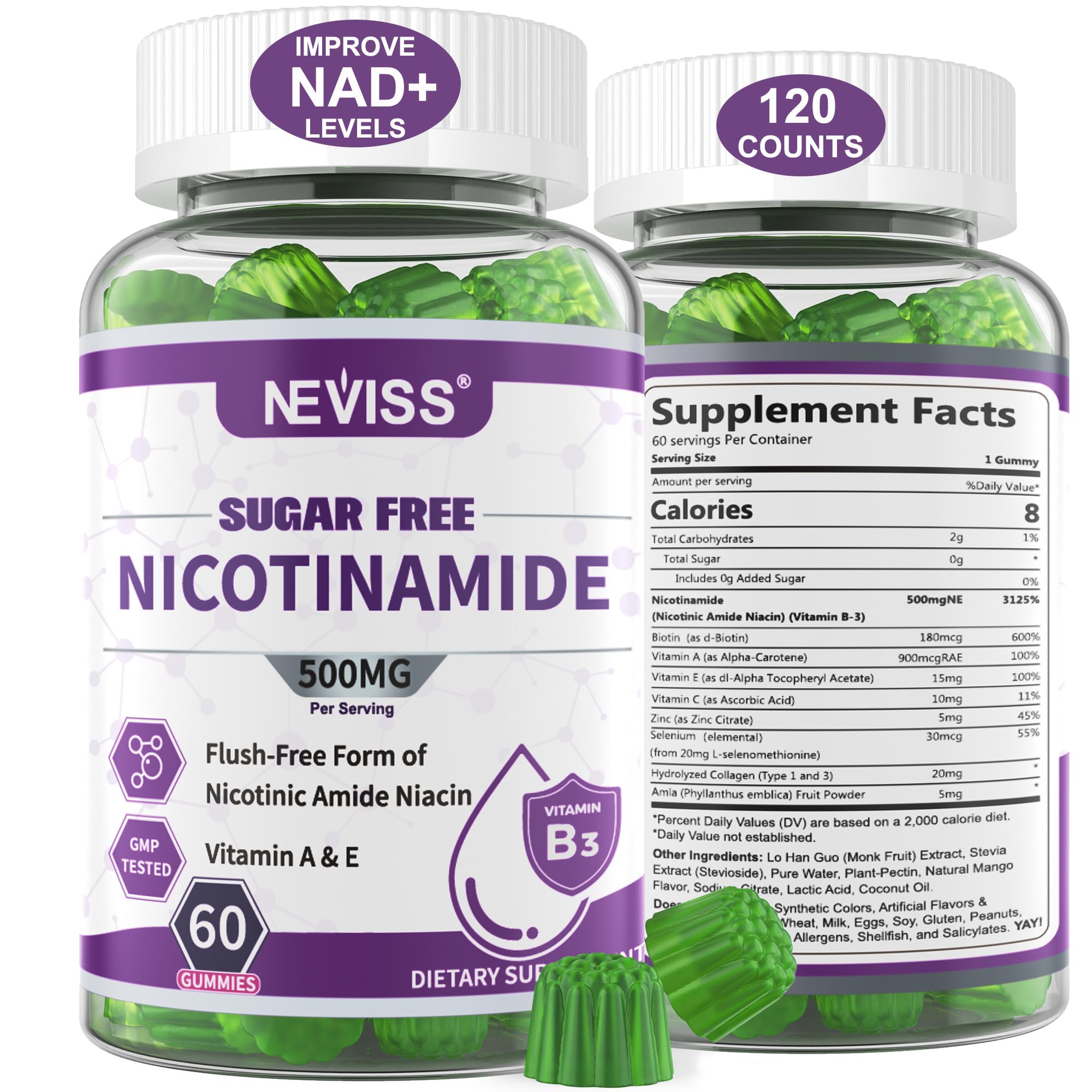 NEVISS frasco frontal de gomitas nicotinamida mostrando presentación y beneficios