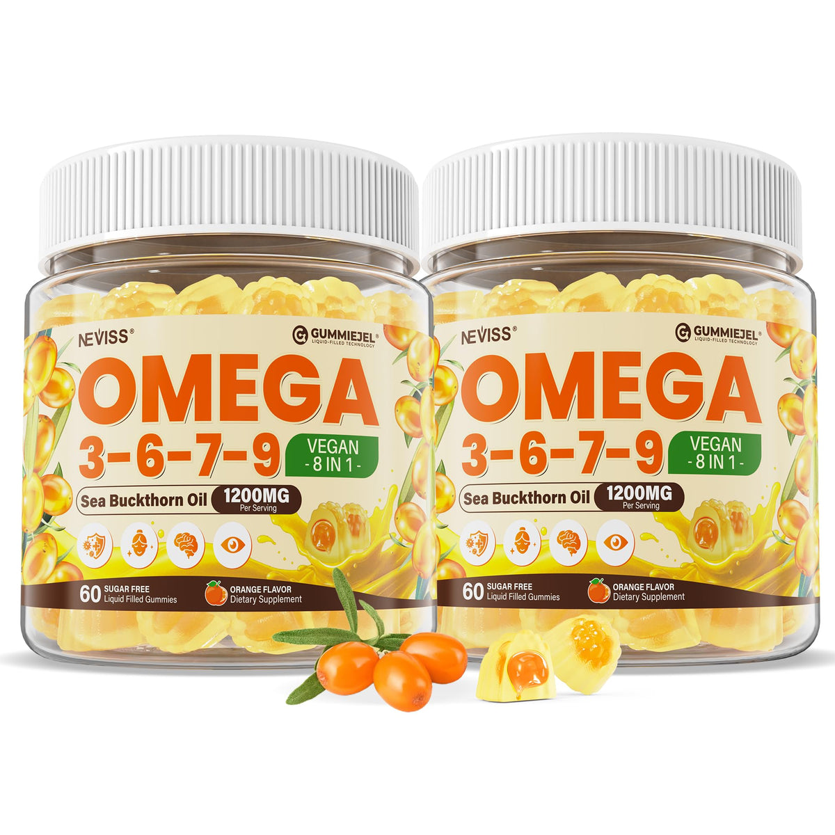 NEVISS frasco frontal con gomitas omega 3-6-7-9 mostrando tamaño práctico