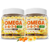 NEVISS frasco frontal con gomitas omega 3-6-7-9 mostrando tamaño práctico