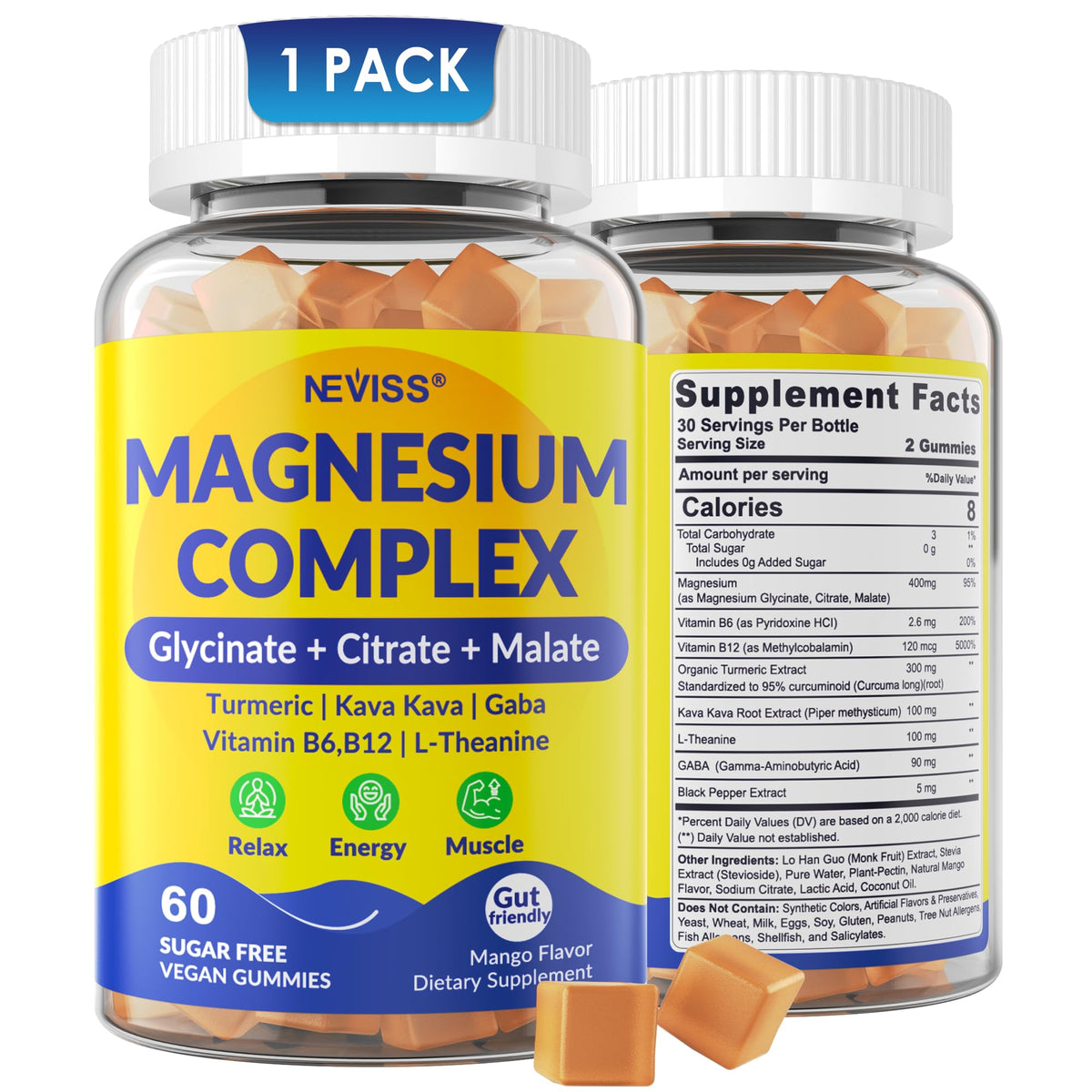 NEVISS frasco frontal de Magnesium Complex 400 mg mostrando envase y beneficios visibles