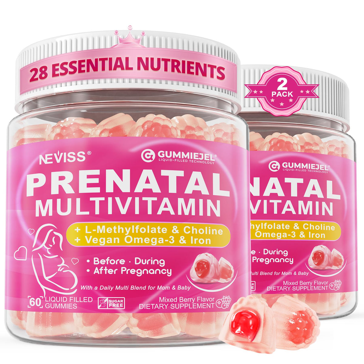 NEVISS frente del empaque mostrando beneficio prenatal fácil de tomar