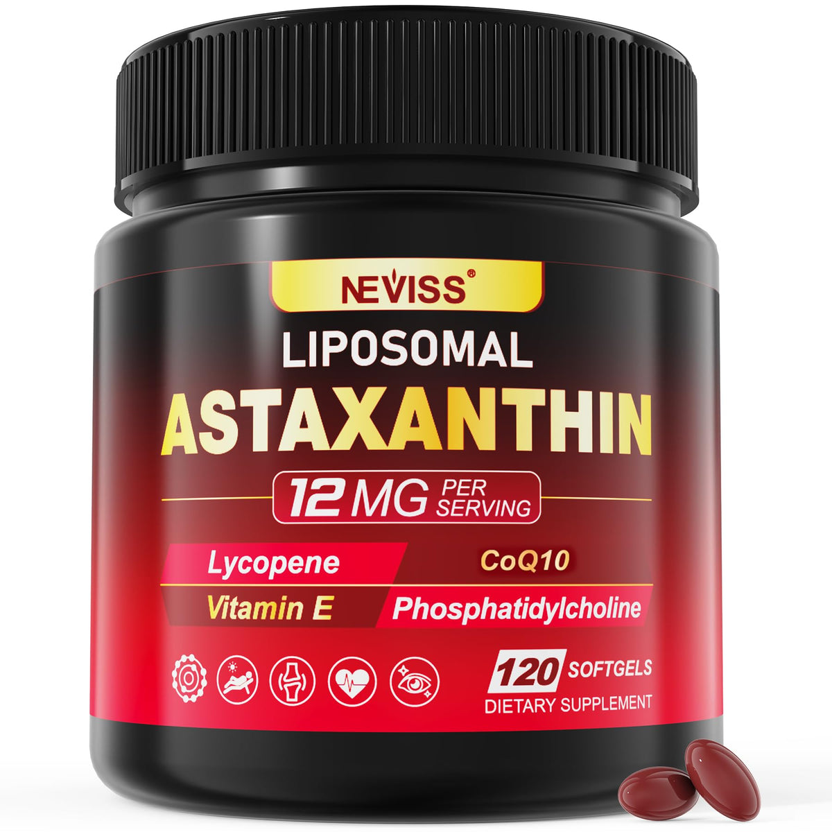 NEVISS frente del empaque mostrando 120 softgels y beneficios clave