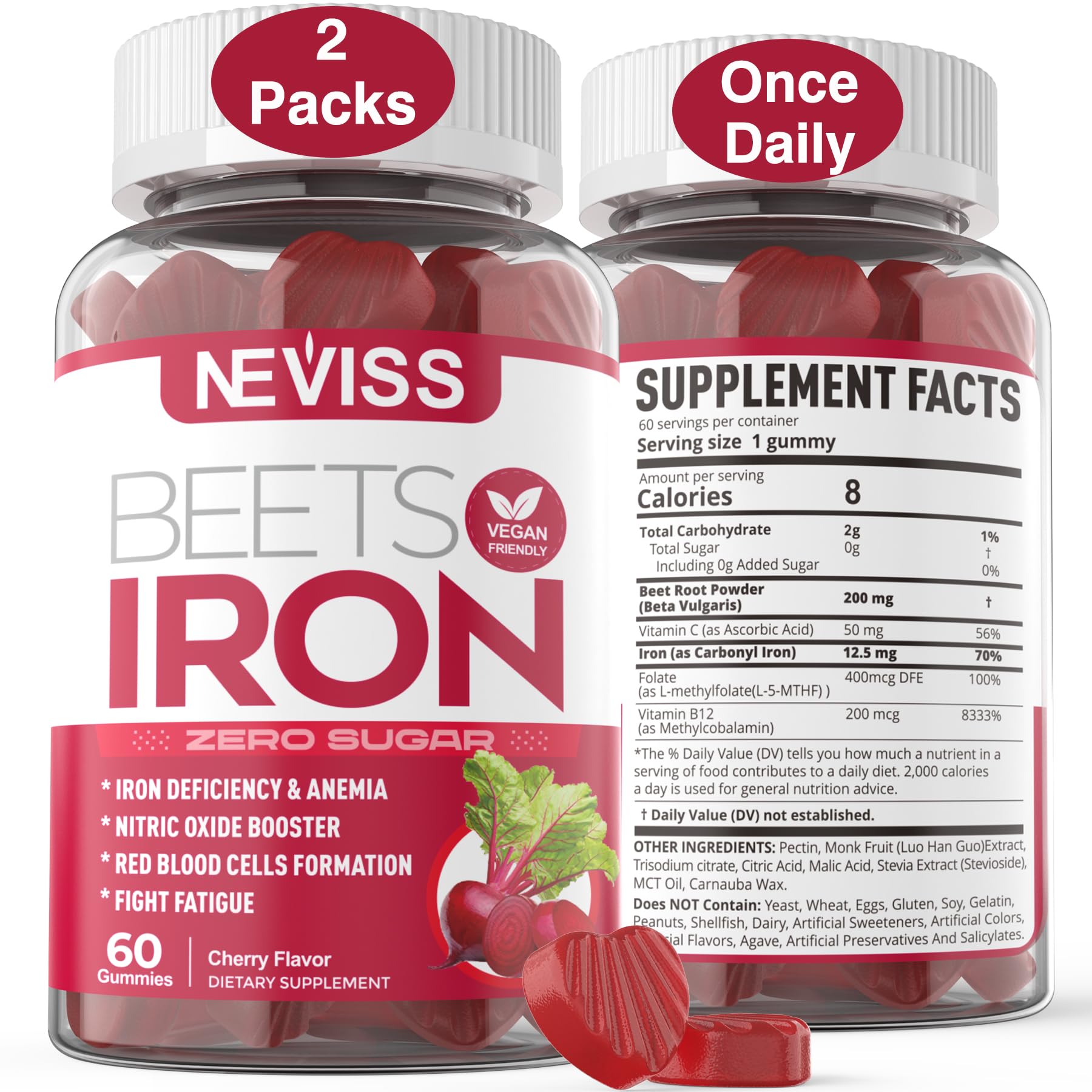 NEVISS frente del envase mostrando 120 gominolas y beneficios clave
