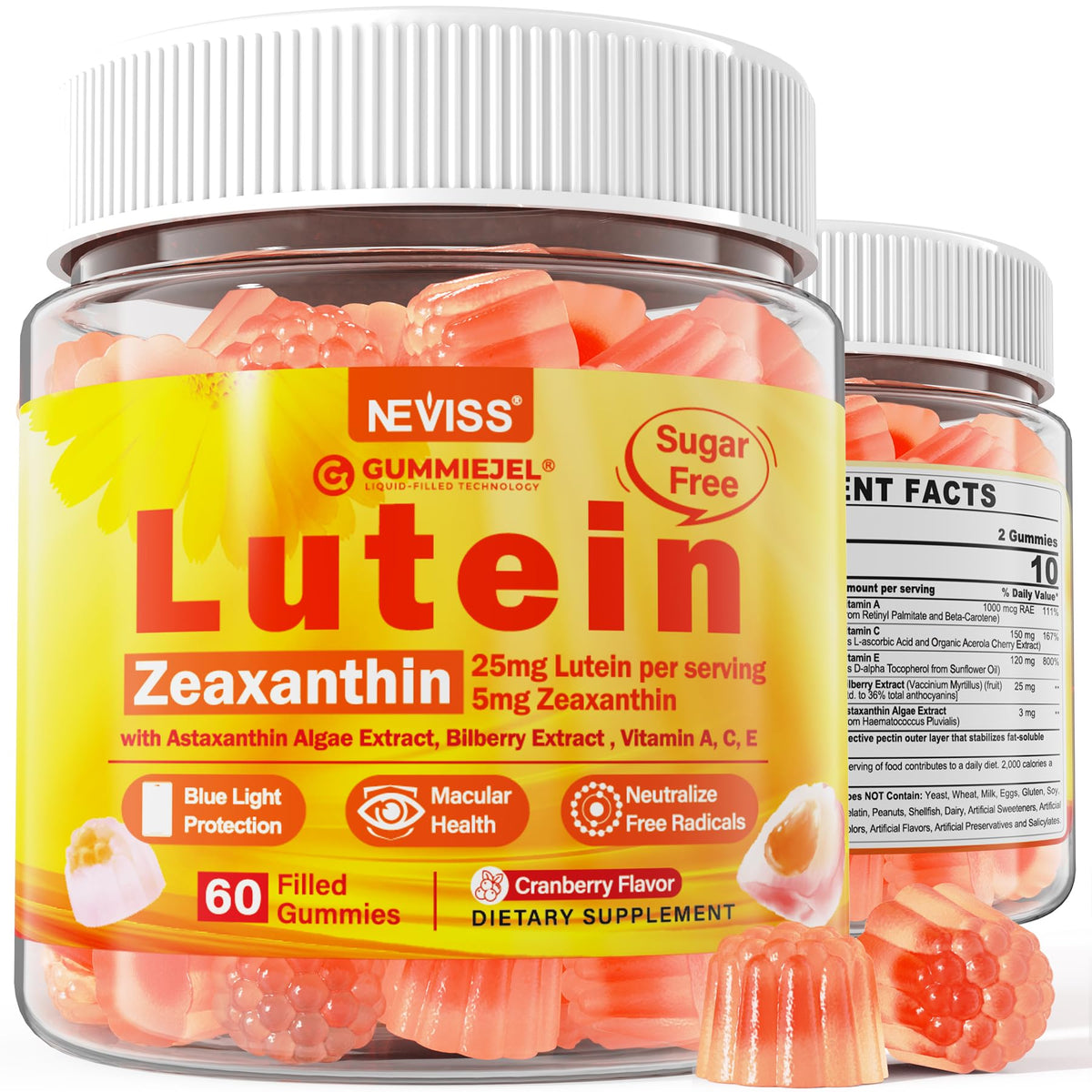 NEVISS envase frontal mostrando vitaminas y 60 gomitas para salud ocular