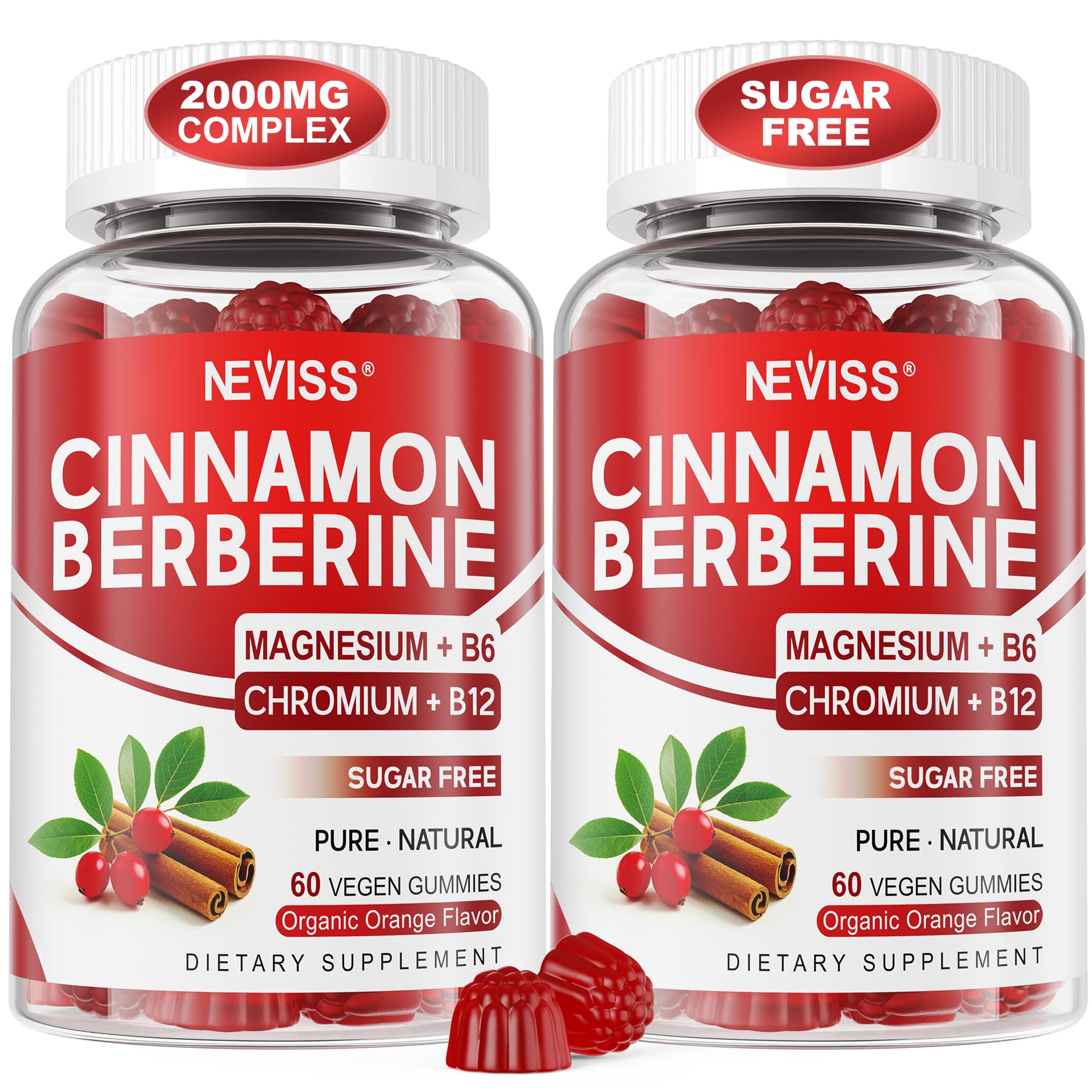 NEVISS envase frontal de gominolas berberina canela Ceilán, presentación clara y beneficios