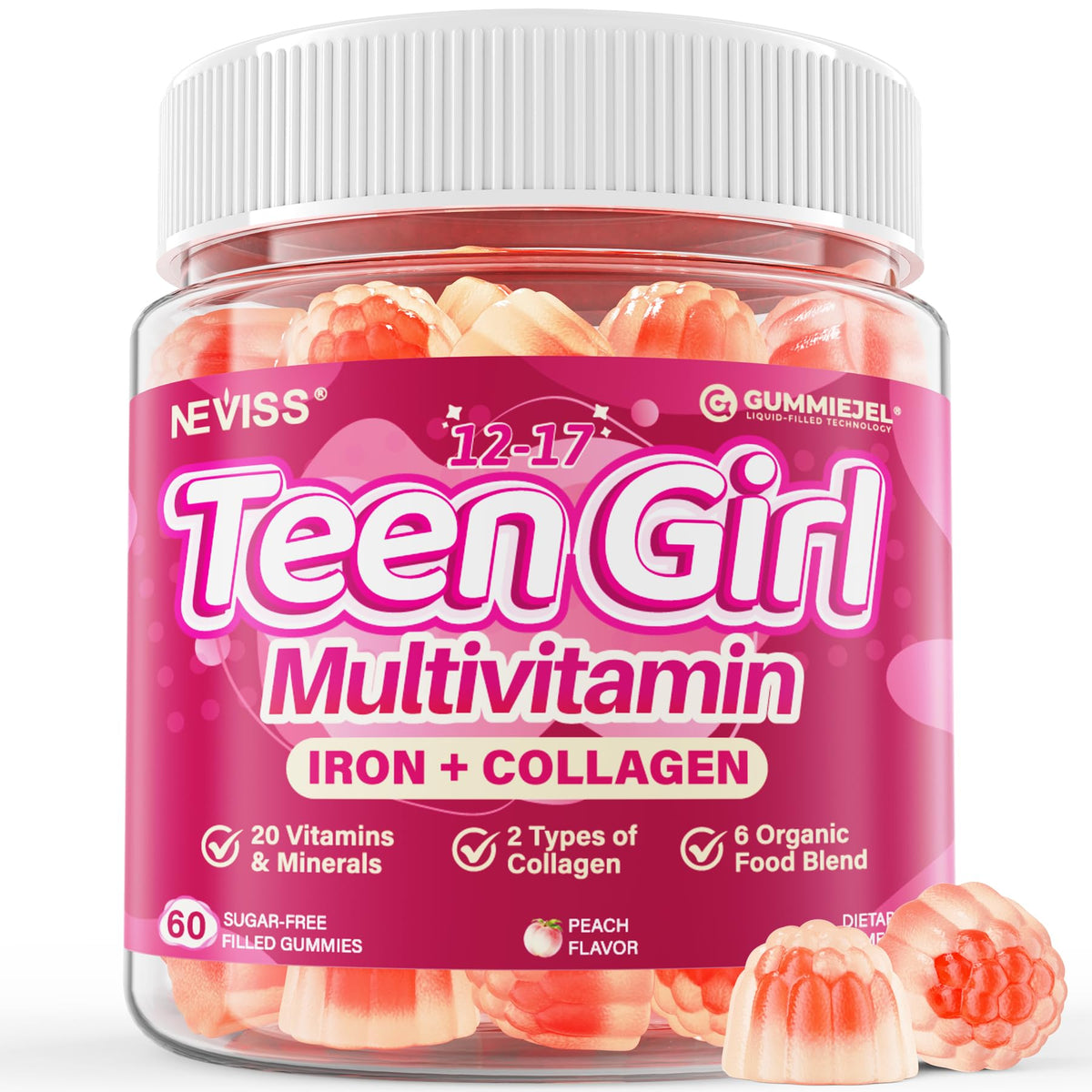 NEVISS envase frontal de gomas multivitamínicas para adolescentes, clara presentación