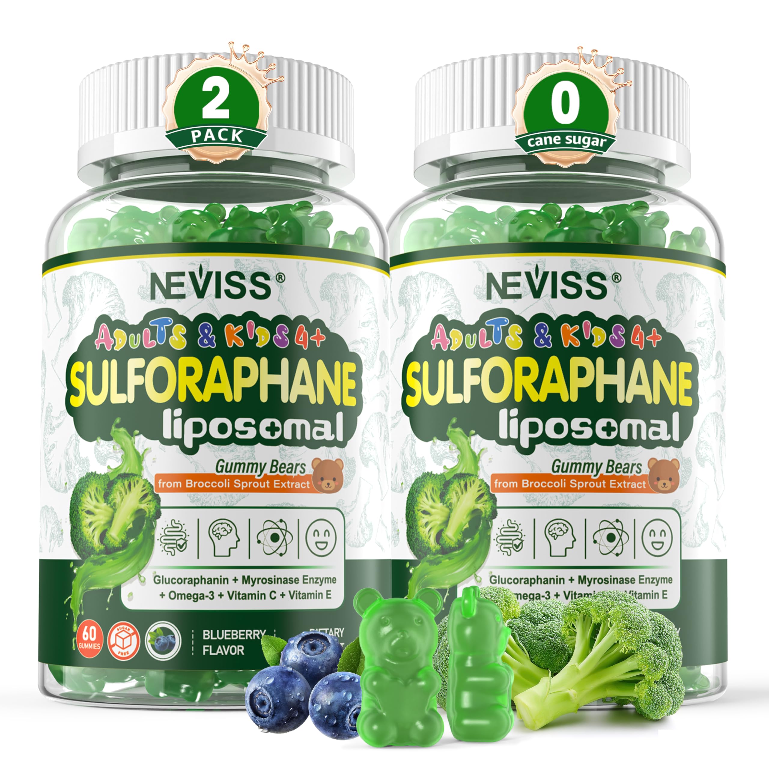 NEVISS envase frontal de gominolas liposomales mostrando dosis clara