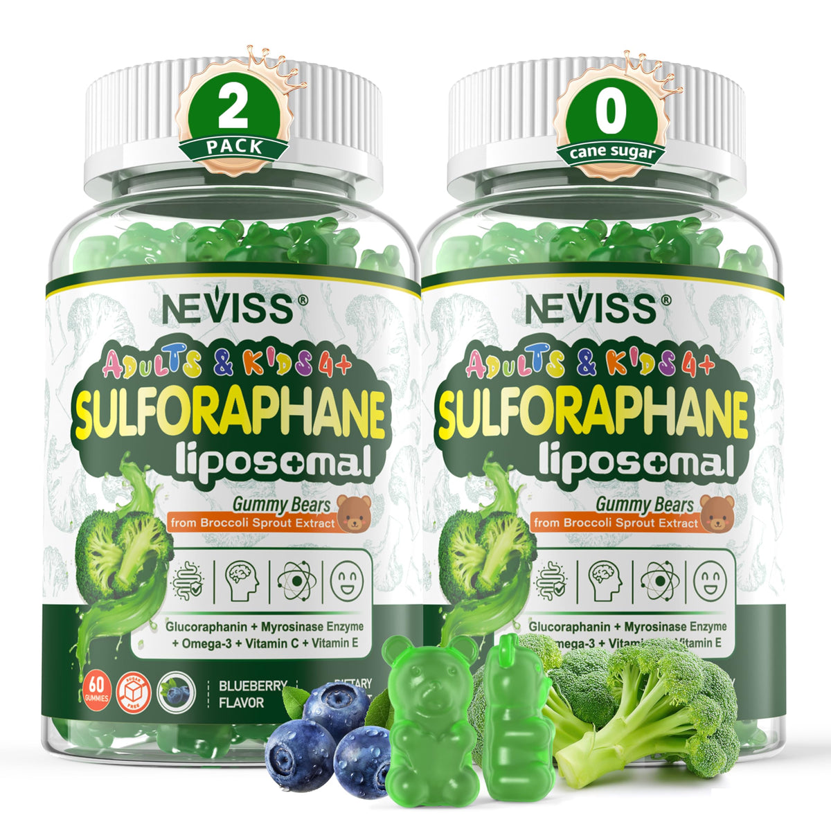 NEVISS envase frontal de gominolas liposomales mostrando dosis clara