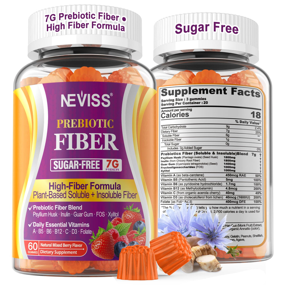 NEVISS envase frontal de Fiber Gummies 7G mostrando etiqueta clara y beneficios