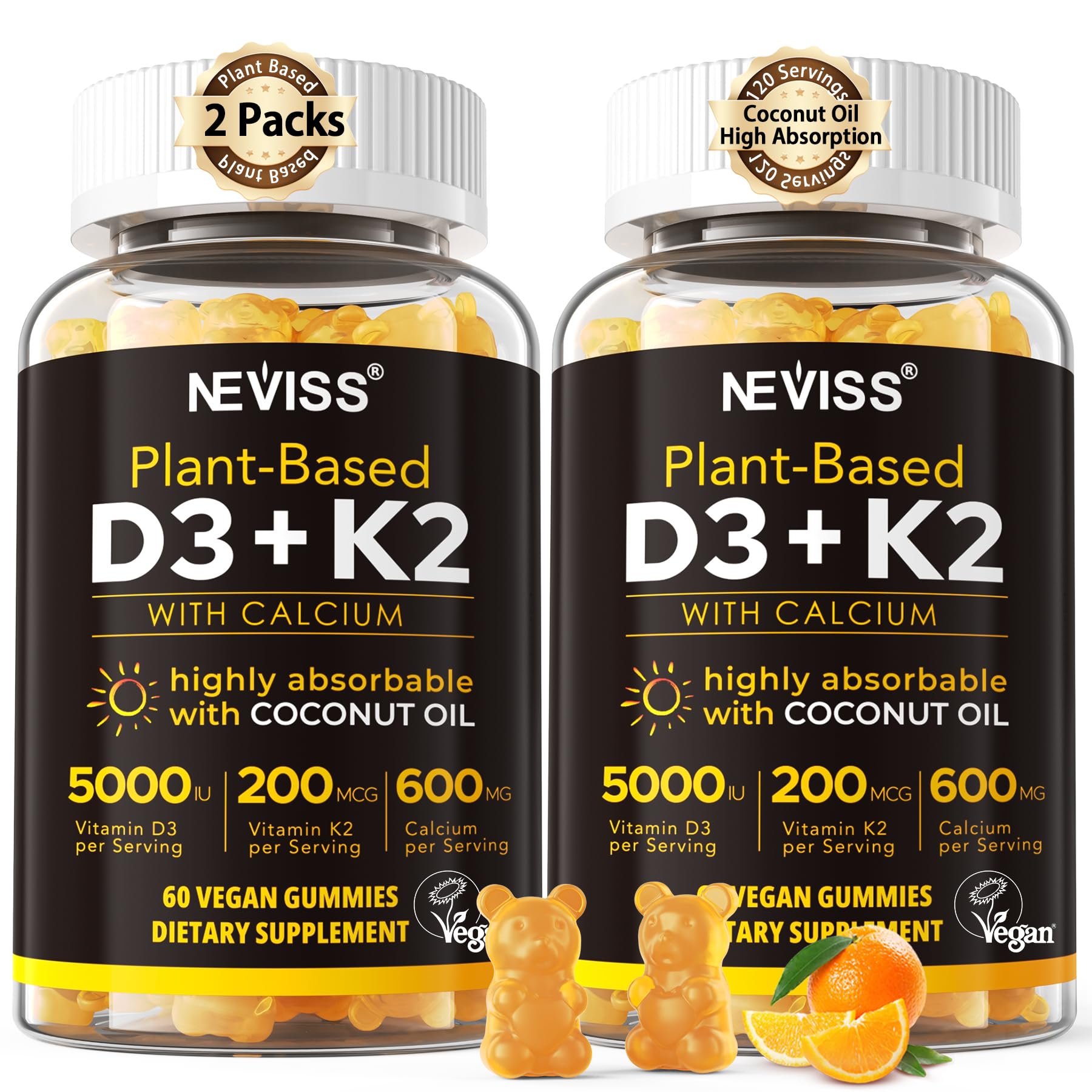 NEVISS envase frontal de gomitas veganas, muestra fórmula completa y beneficio práctico