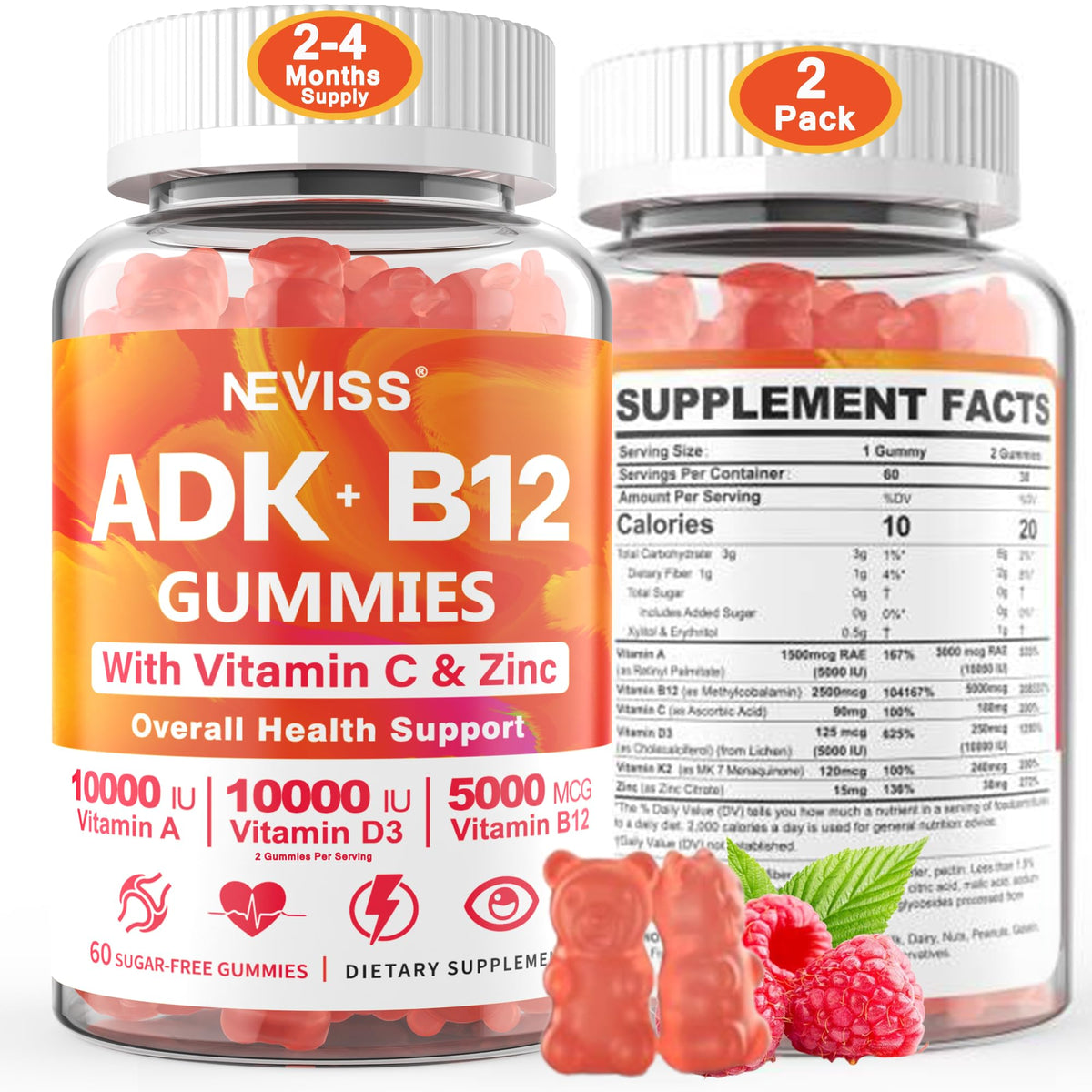 NEVISS envase frontal de gomitas ADK+B12 muestra beneficios diarios
