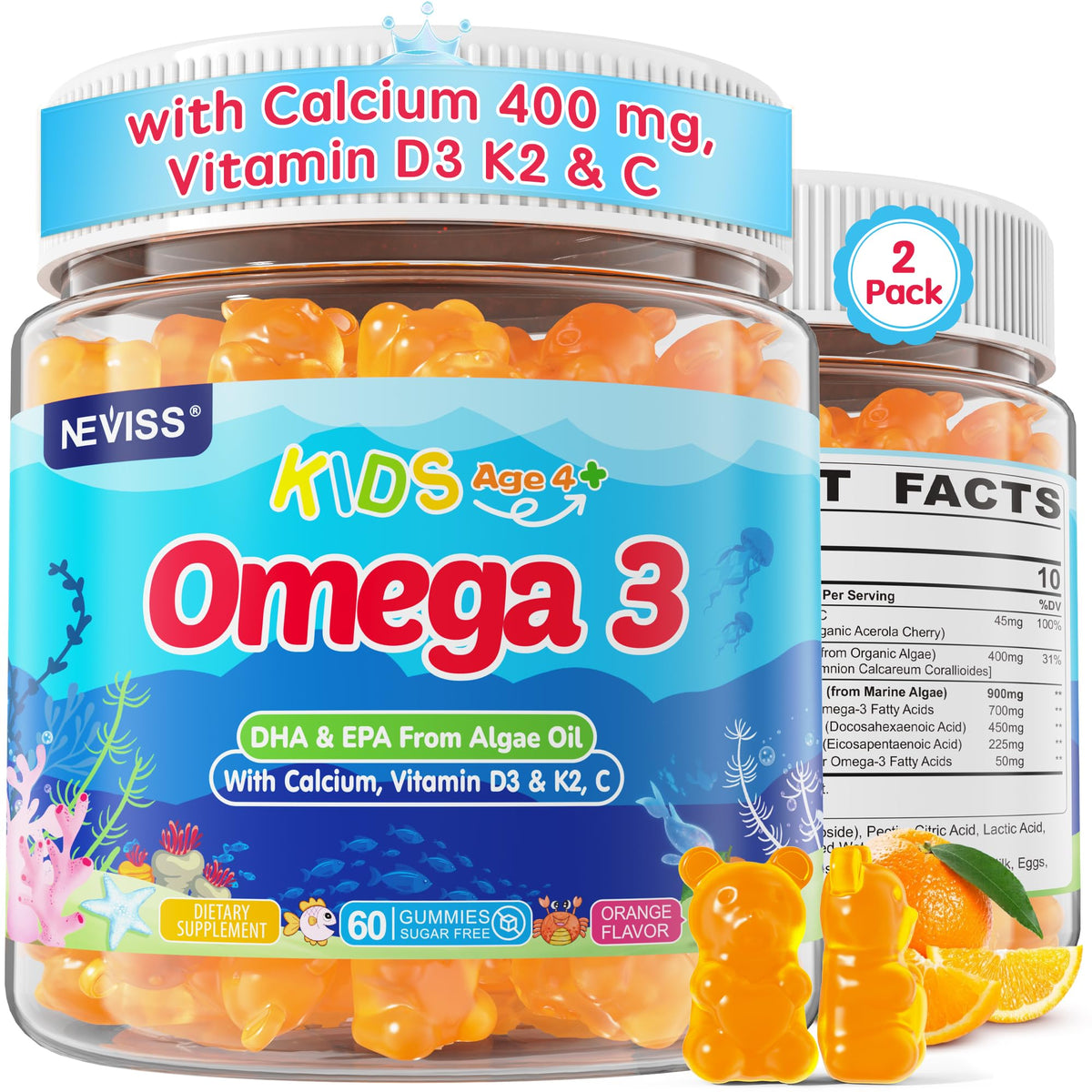 NEVISS envase frontal de gominolas omega‑3 mostrando beneficios diarios