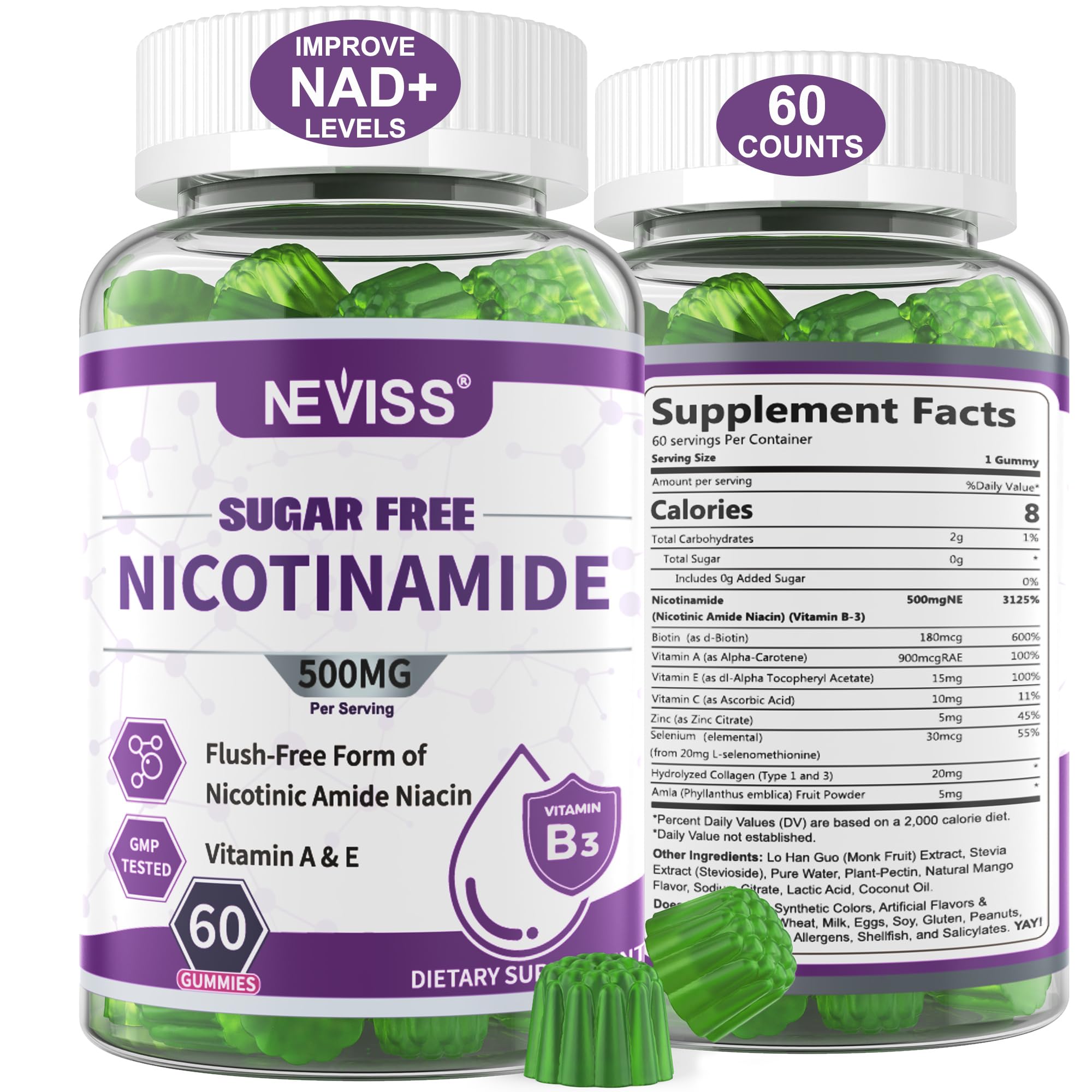 NEVISS envase frontal de nicotinamida 500 mg, visual claro y beneficios