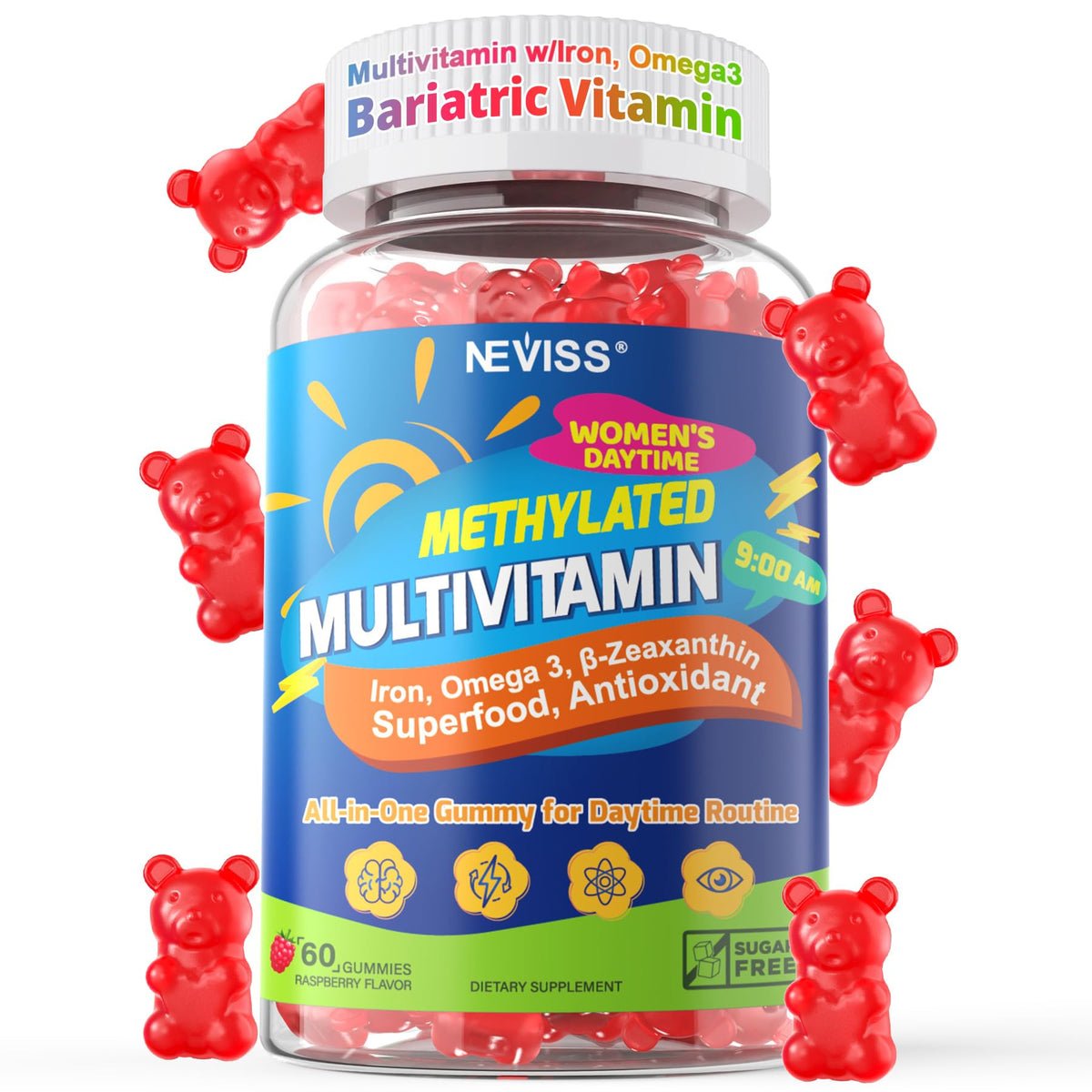 NEVISS frontal del envase mostrando gominolas y beneficios visibles