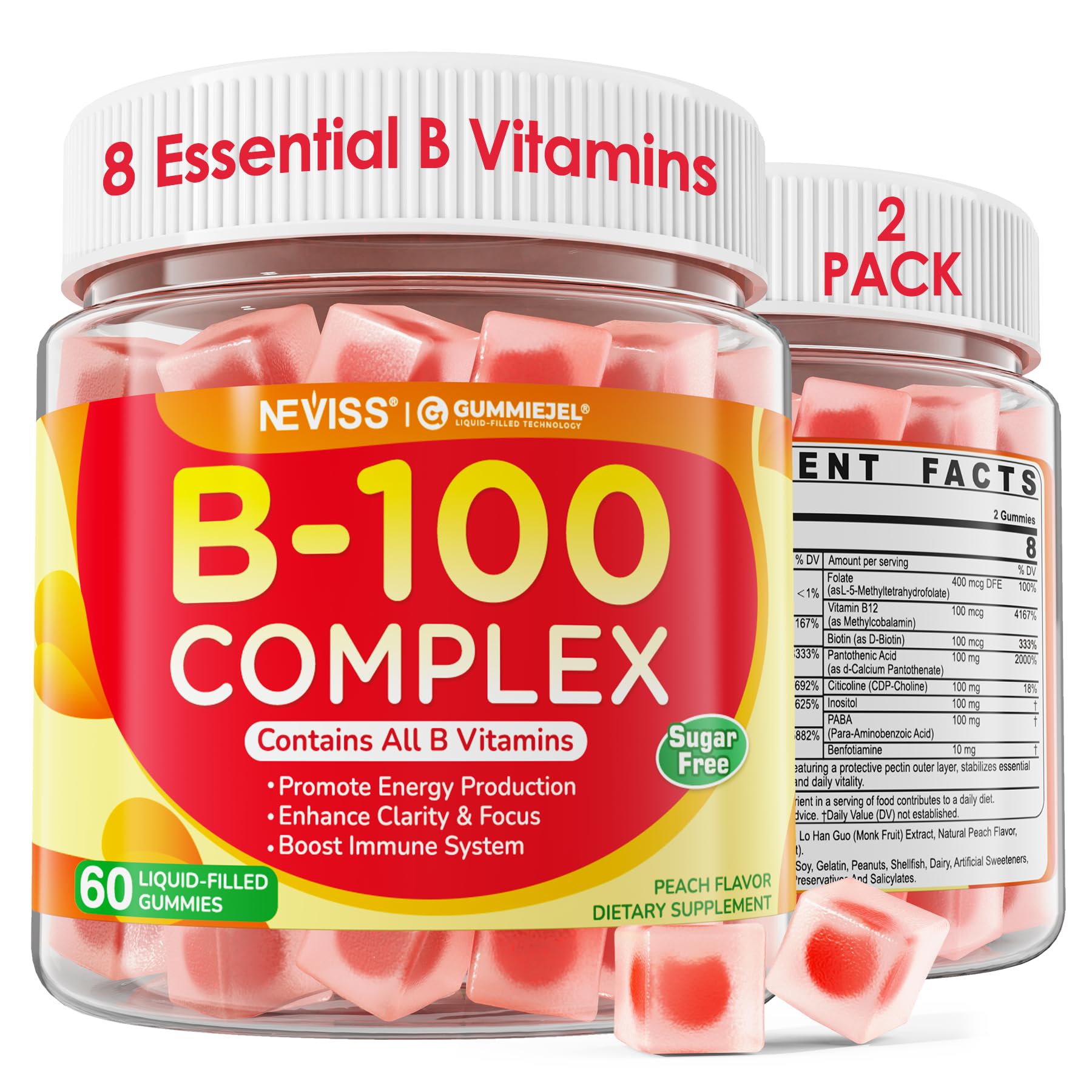 NEVISS frente del paquete de gomitas B100 mostrando diseño y beneficios