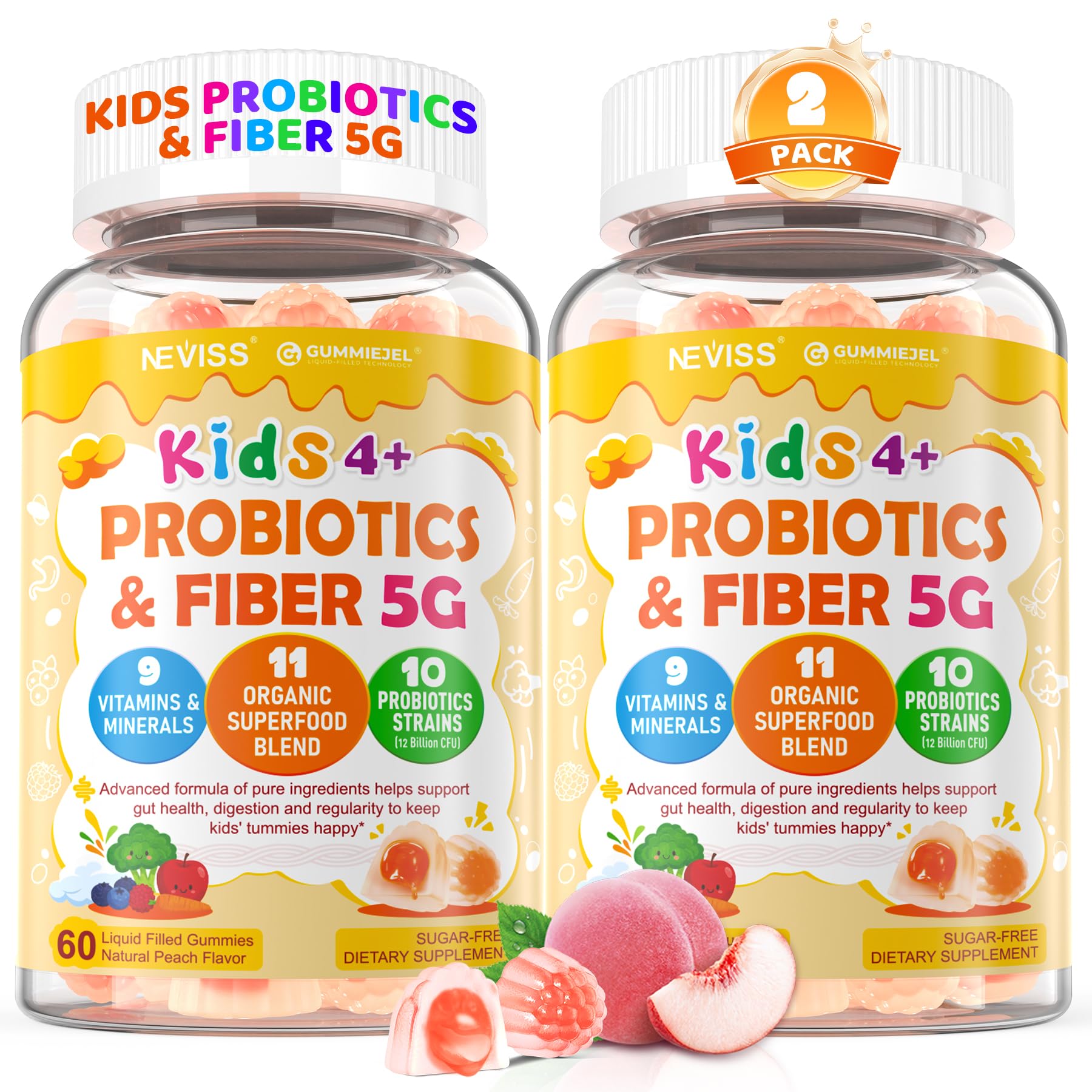 NEVISS paquete frontal mostrando gomitas y beneficios para digestión