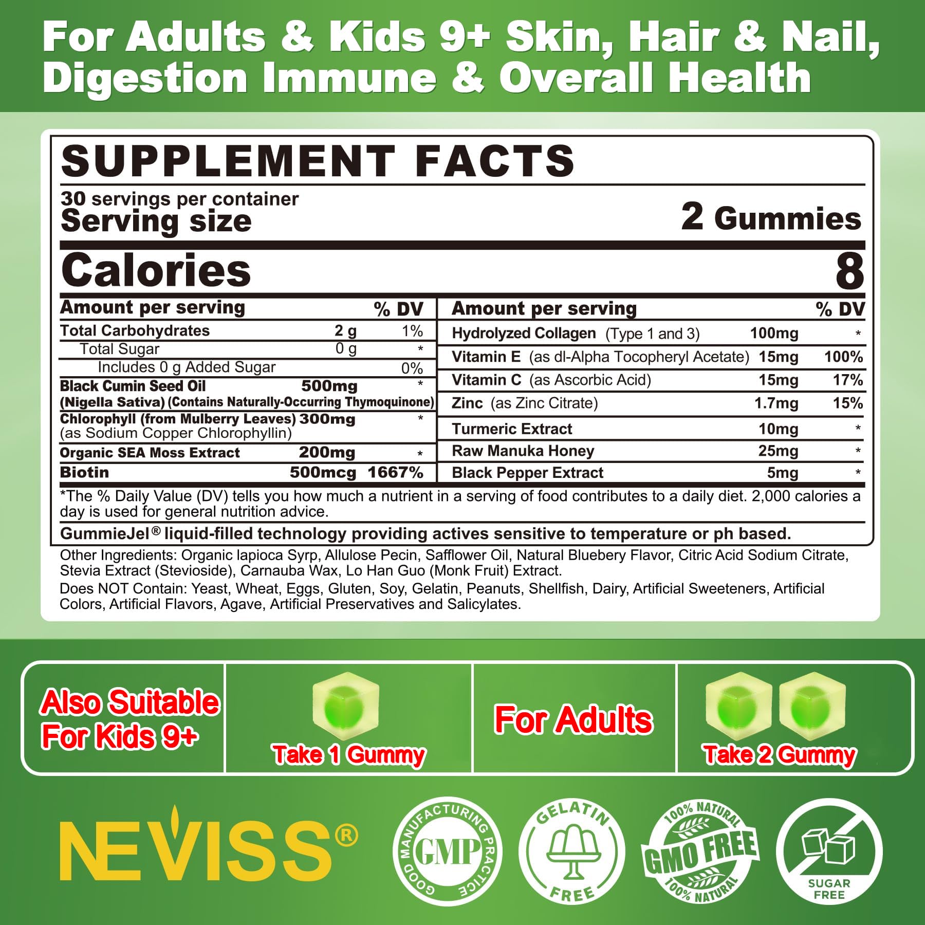 NEVISS close-up de gomita cortada con núcleo líquido y absorción