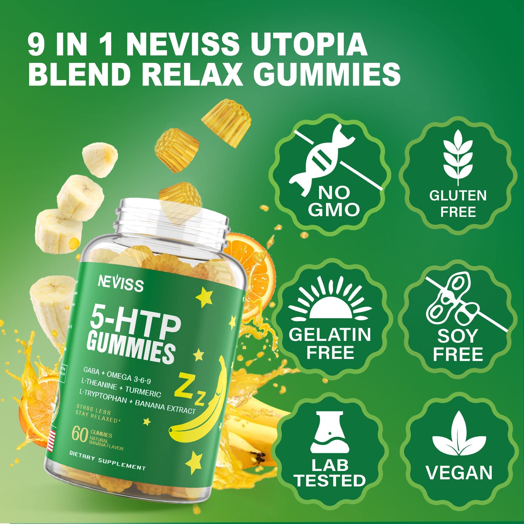 Gominolas NEVISS en un bol junto a cúrcuma y extracto de plátano que ilustra ingredientes