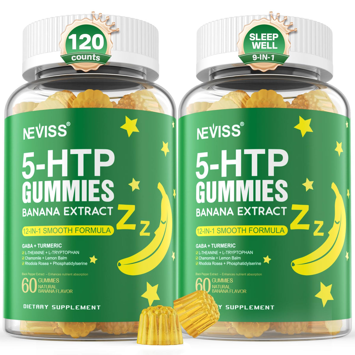NEVISS empaque frontal mostrando gominolas y beneficios para descanso