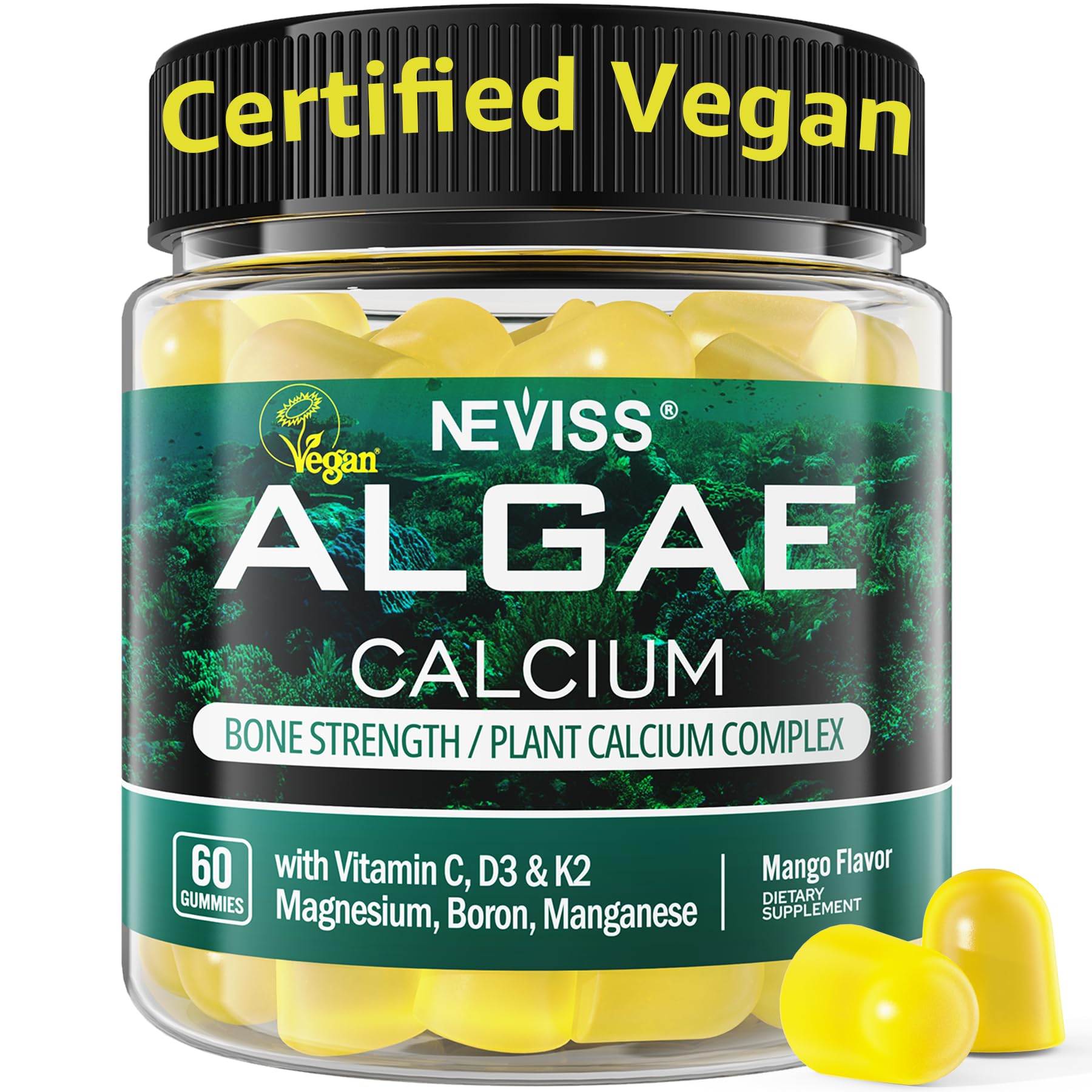 NEVISS envase frontal de gominolas veganas para salud ósea y elección sostenible