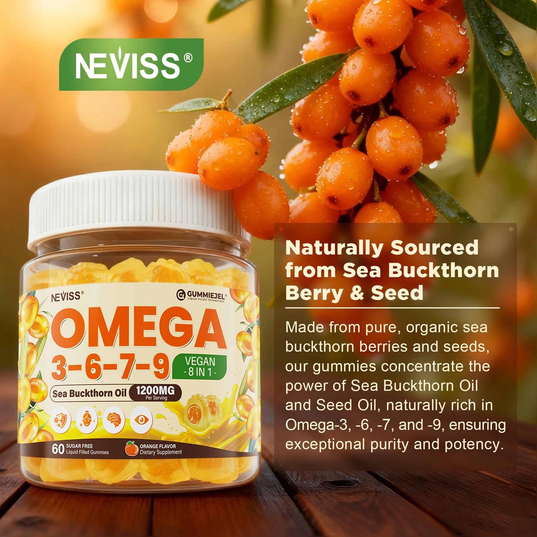NEVISS varias gomitas sobre mesa evidenciando su color naranja y apariencia apetecible