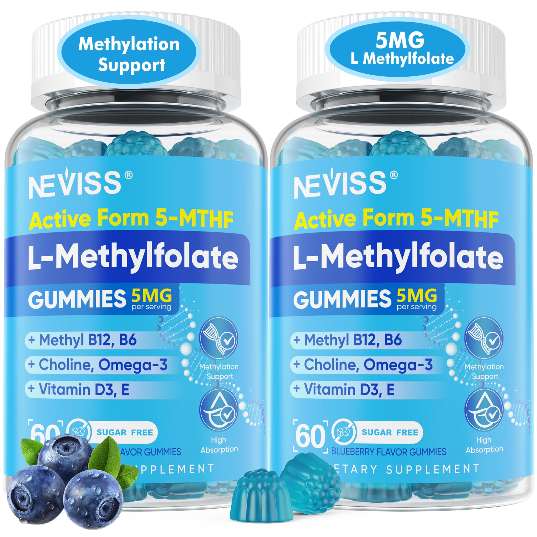 NEVISS frasco frontal de gomitas azul arándano, visual atractivo y confianza