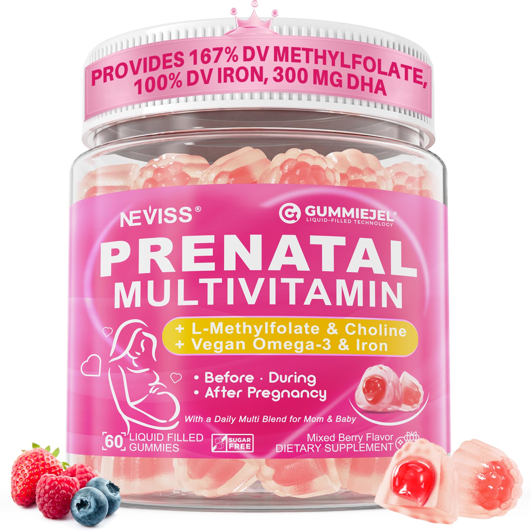 NEVISS empaque frontal de gomitas prenatales, presentación clara y beneficios visibles