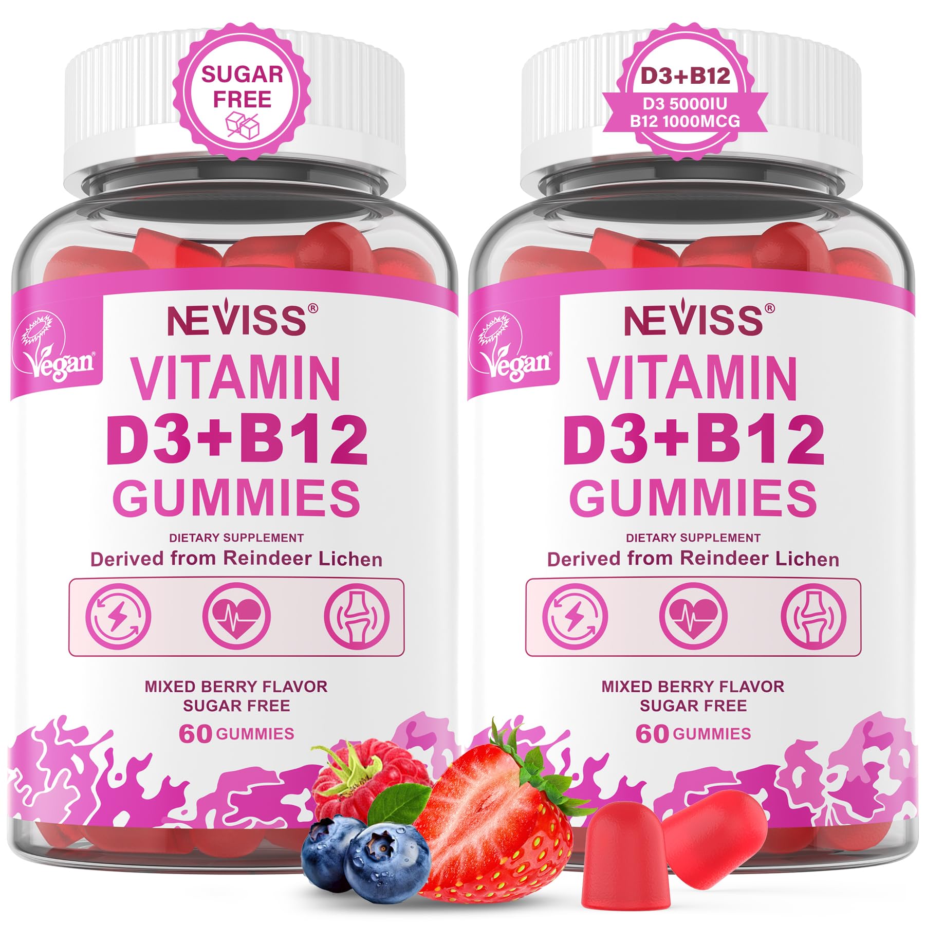 NEVISS envase frontal de gomitas D3 B12 mostrando diseño y tamaño
