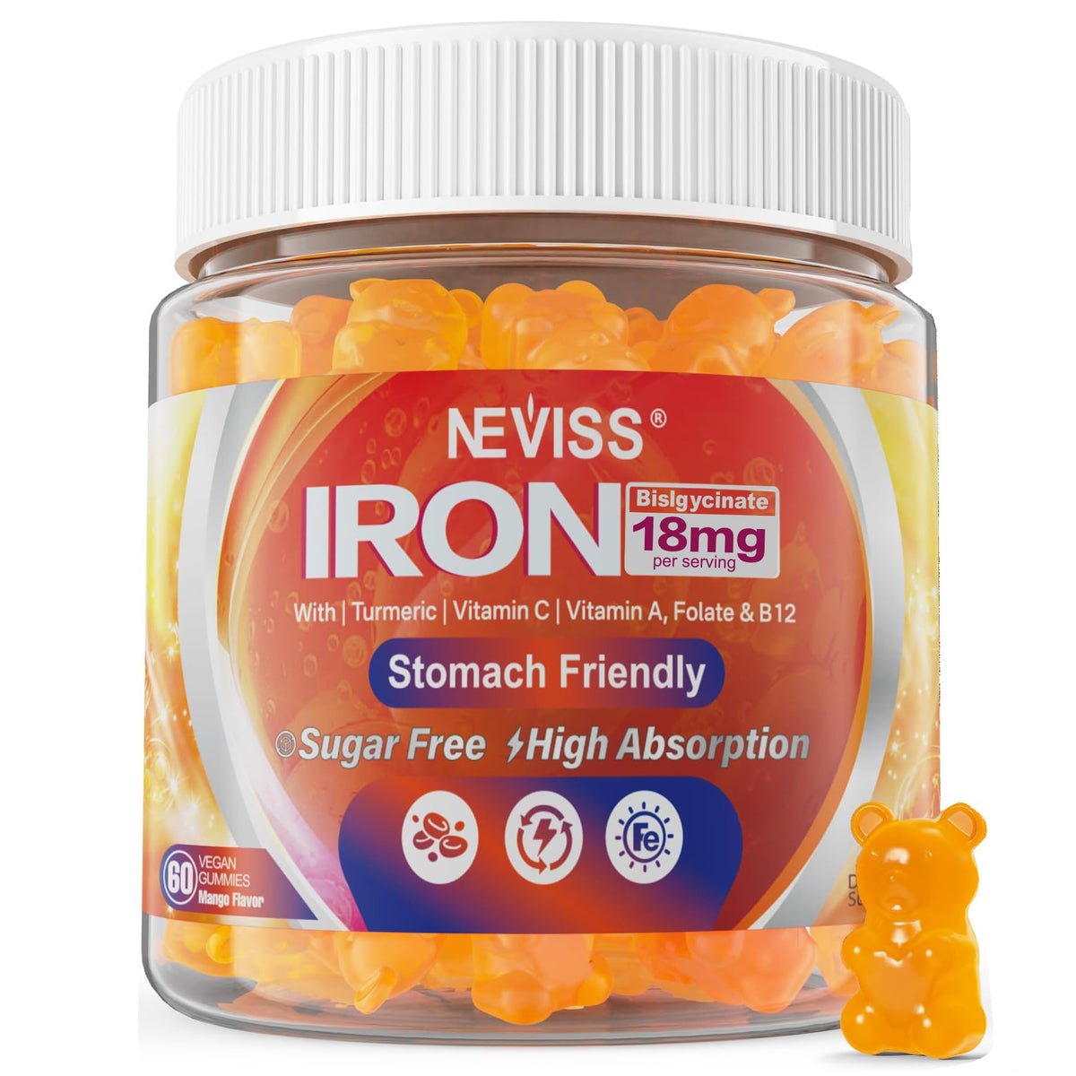 NEVISS envase frontal mostrando fórmula vegana y 18 mg de hierro
