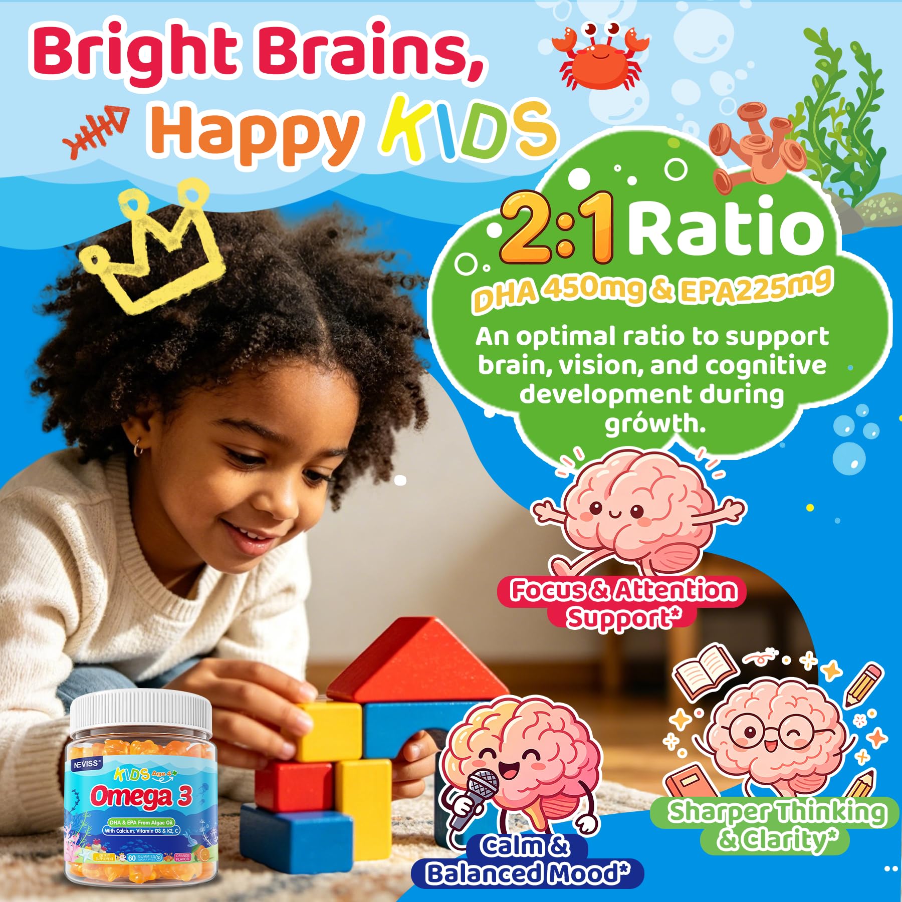 NEVISS niños sonrientes tomando gomitas, favorece adherencia diaria