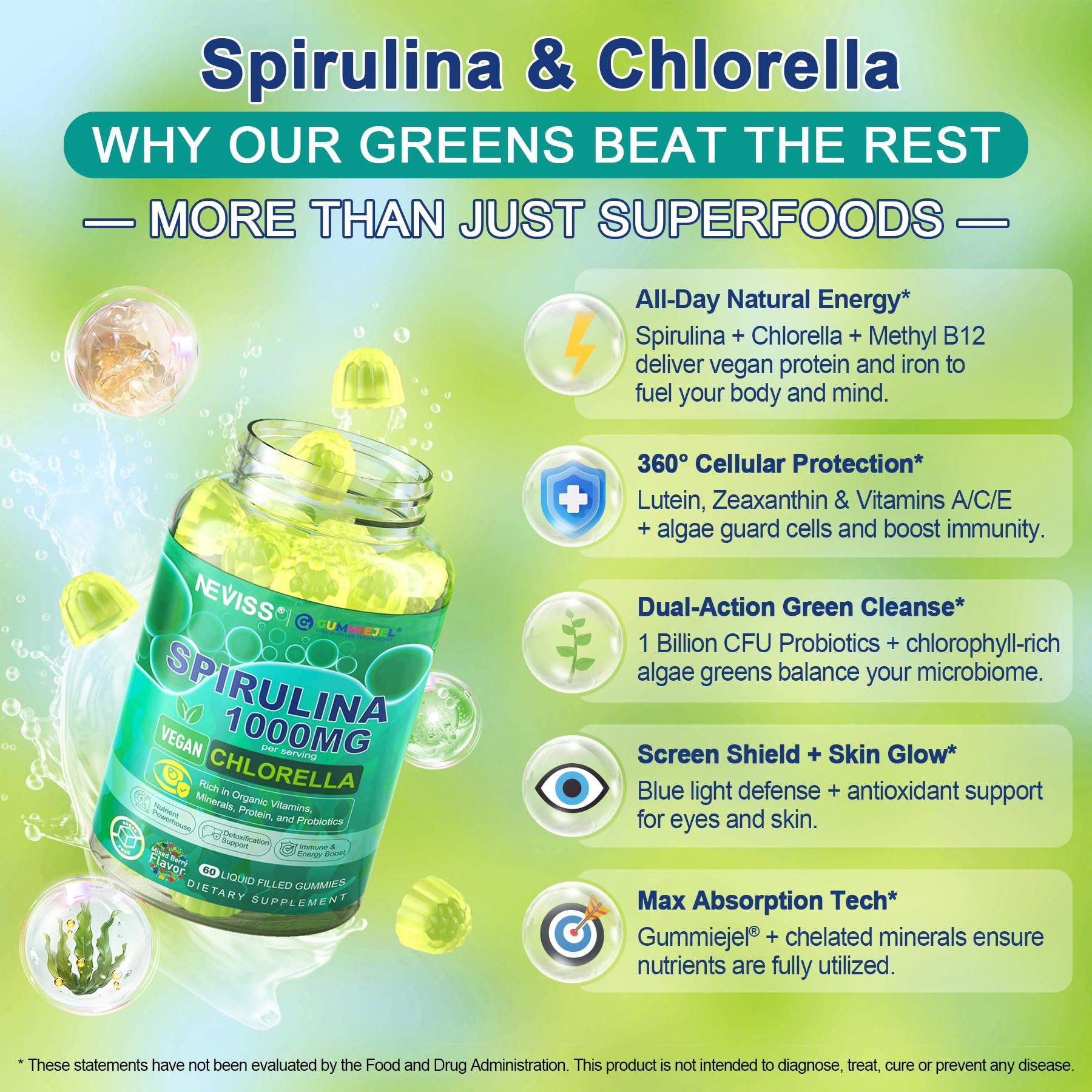 NEVISS espirulina y chlorella crudas y frescas destacando su perfil superalimento