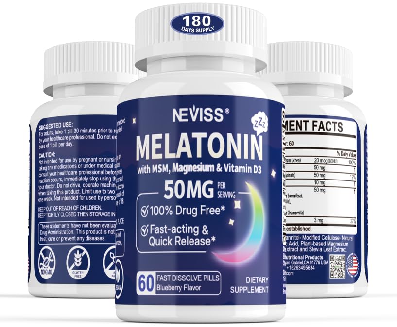 Envase NEVISS Melatonin 50 mg mostrando diseño frontal y cantidad 180 tabletas