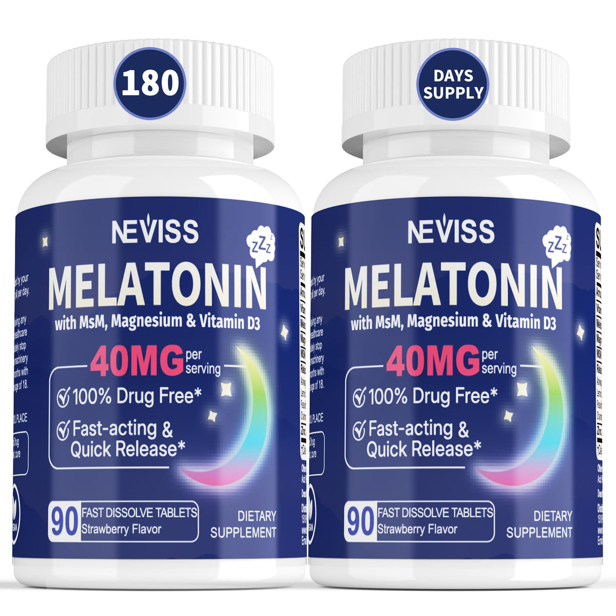 NEVISS frente del empaque muestra 40 mg y 180 tomas para conveniencia
