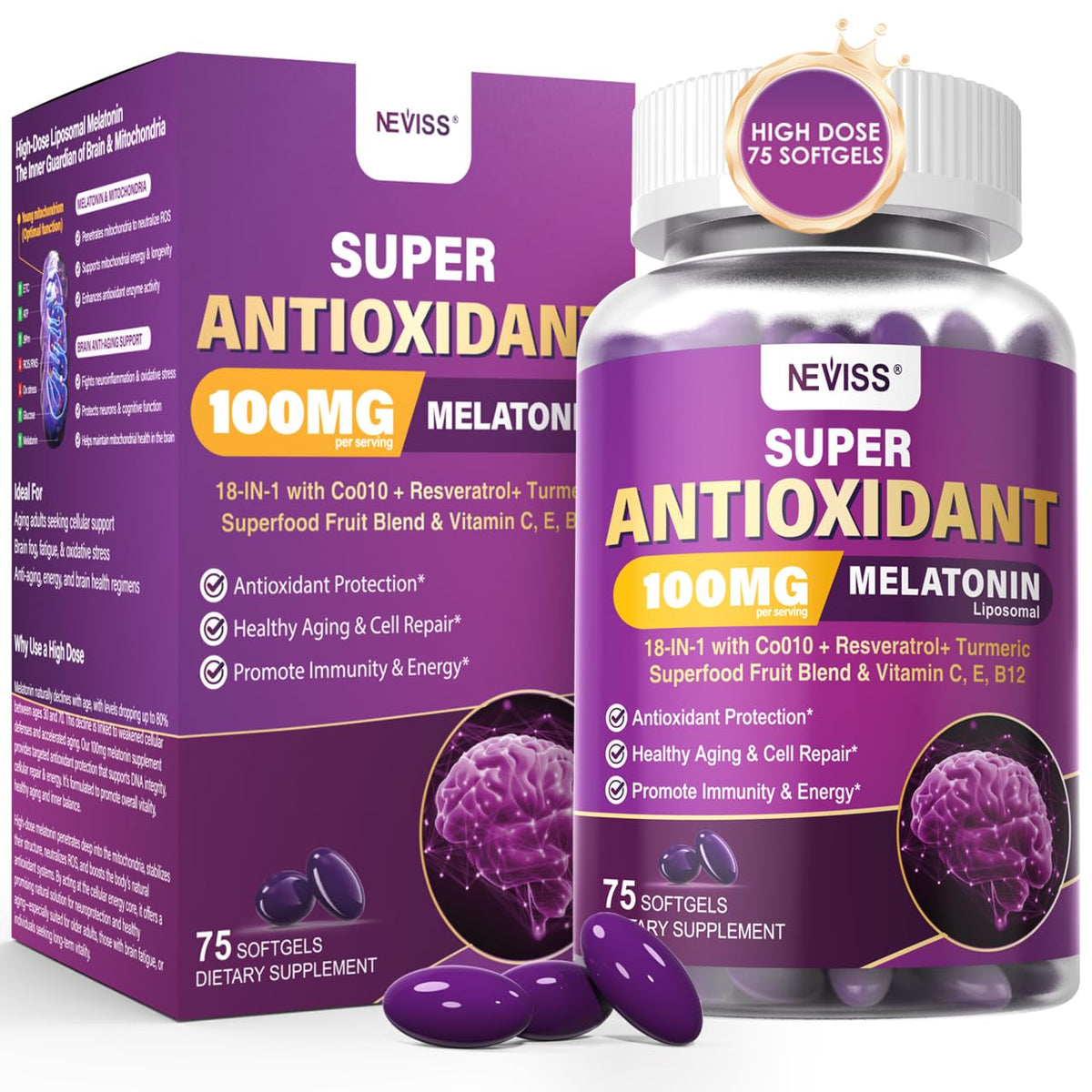 NEVISS frontal del empaque mostrando el producto y beneficio antioxidante