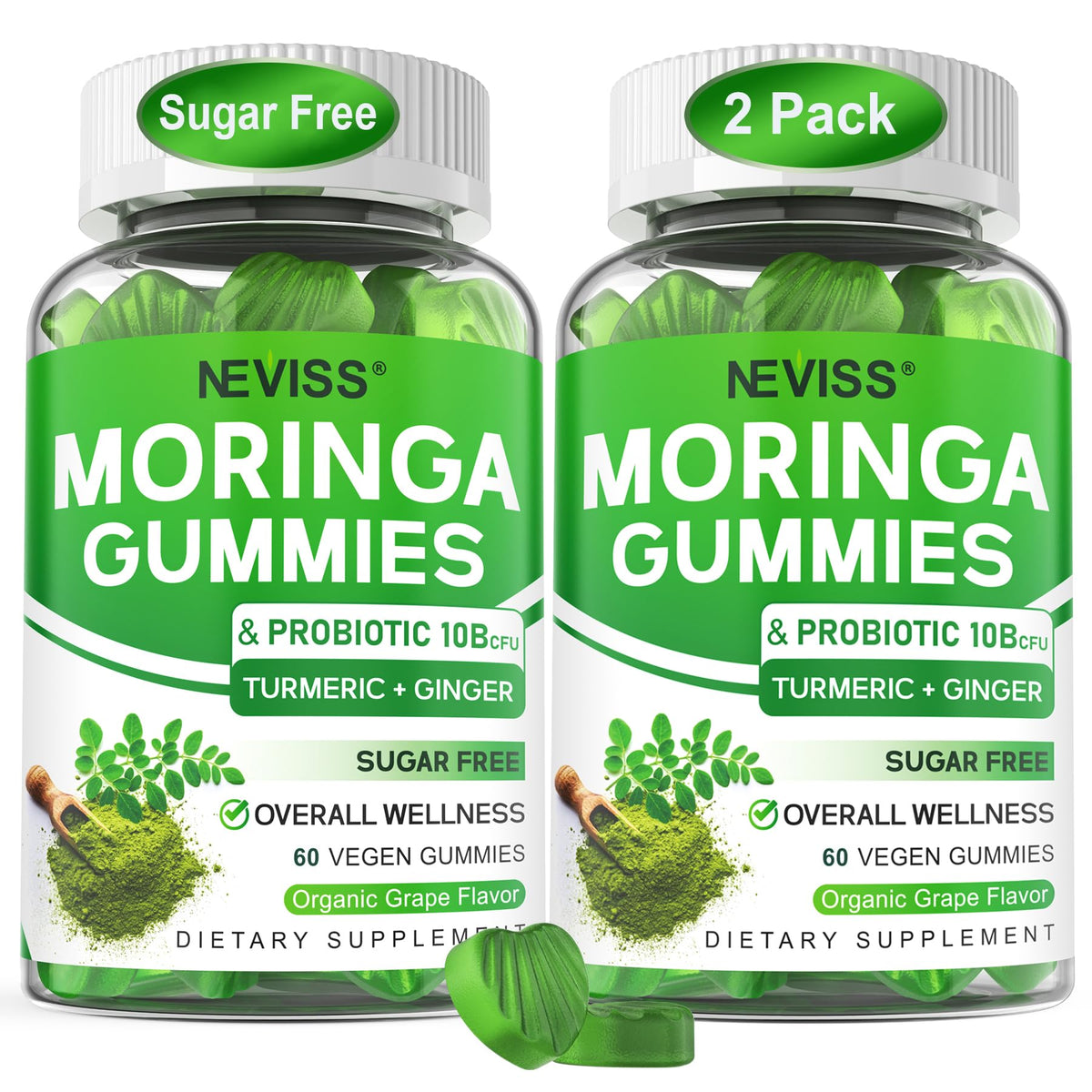 NEVISS envase frontal de gomitas moringa muestra tamaño y beneficios