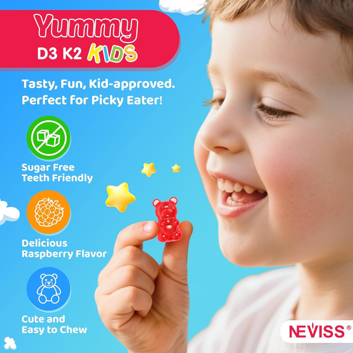 NEVISS niño sonriendo al tomar una gomita para rutina diaria