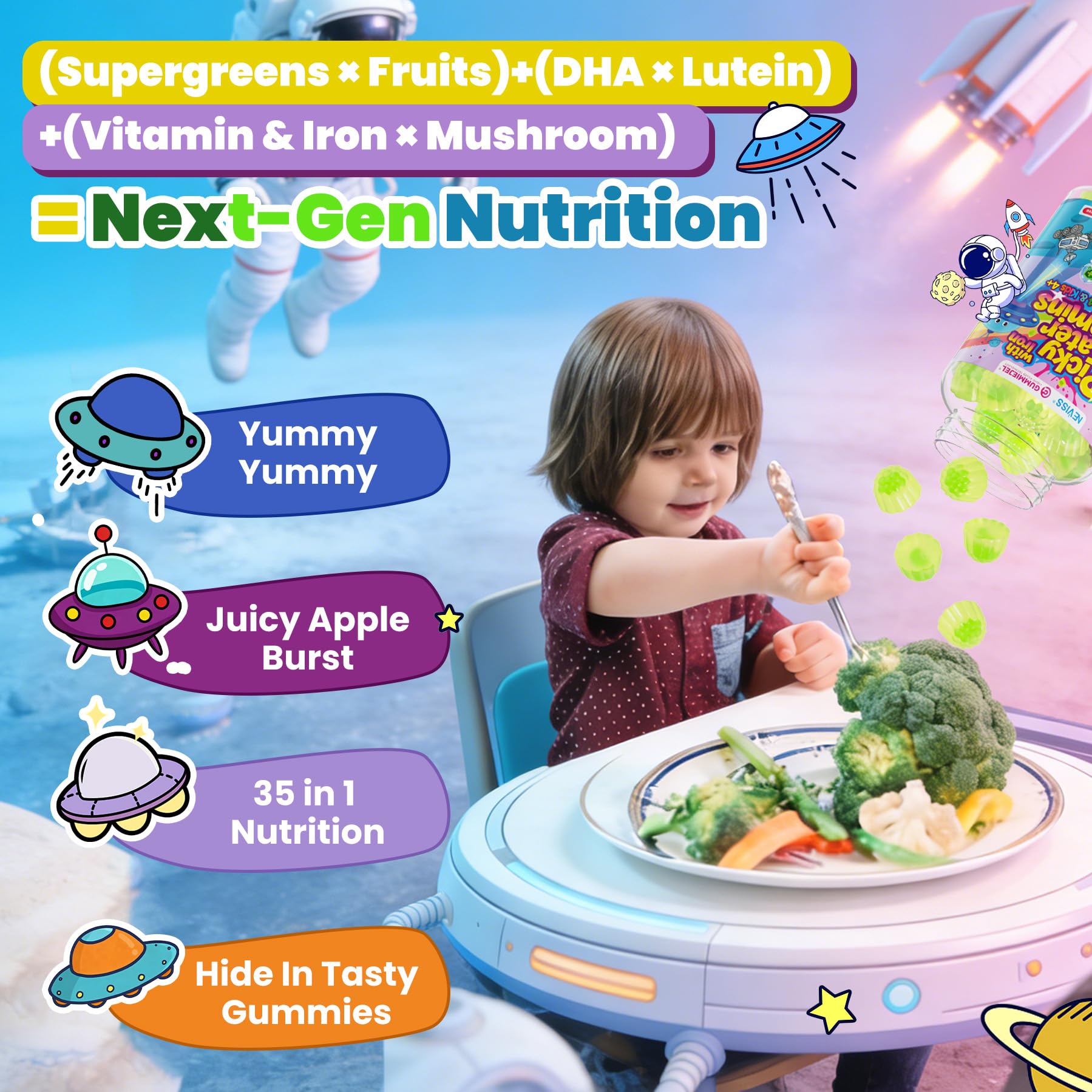 NEVISS ingredientes supergreen: frutas, verduras y hongos para antioxidantes