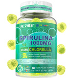 NEVISS frasco frontal de Spirulina Chlorella Gummies mostrando diseño y unidad beneficiosa